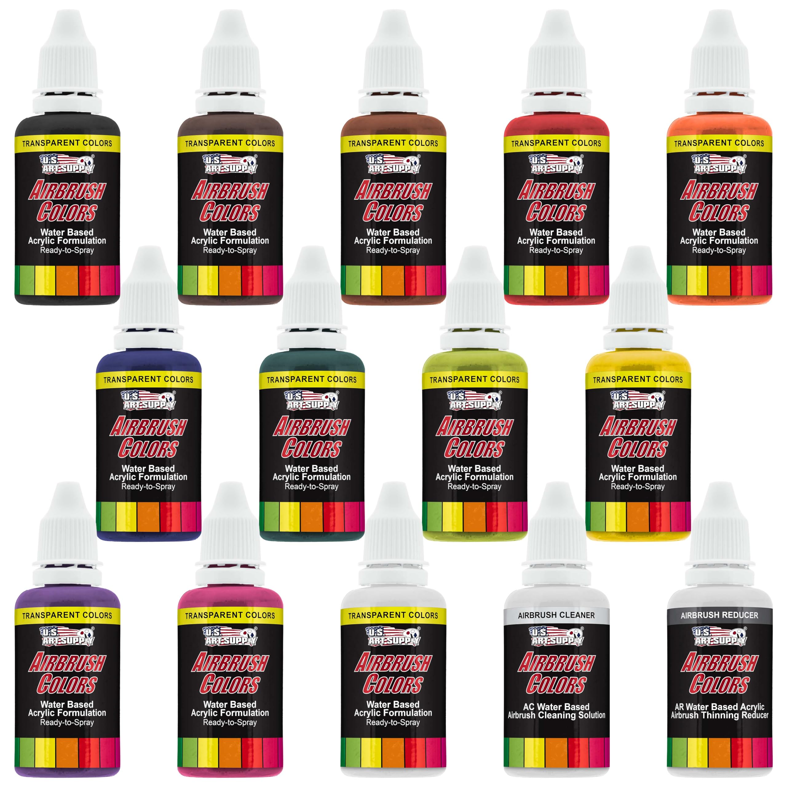 U.S. Art Supply Airbrush Paint Set - 12 Color Transparent with Reducer & Cleaner, Ready to Spray Air brush Paint, 1-Ounce Water-Based Acrylic for