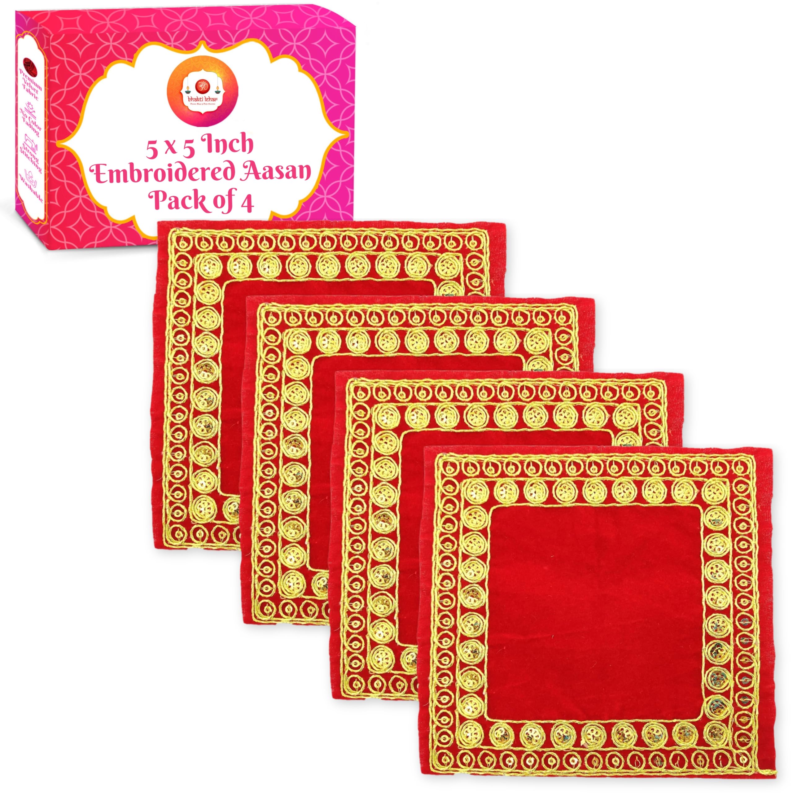 Bhakti Lehar (Size: 5 X 5 Inch) Small Velvet Red Aasan Cloth for God Puja and Mandir | Embroidered Zari Design Velvet Chowki Assan Kapda for Mandir, Temple, God Idols - Pack of 4