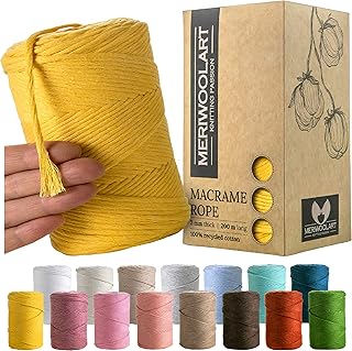 MeriWoolArt Hilo macramé 3mm Amarillo, 200m Natural Cuerda de macramé de Colores, 100% Cuerda de macramé Suave Hilo de algodón Reciclado, Cordón Cuerda algodón Torcido, Manualidades de macramé