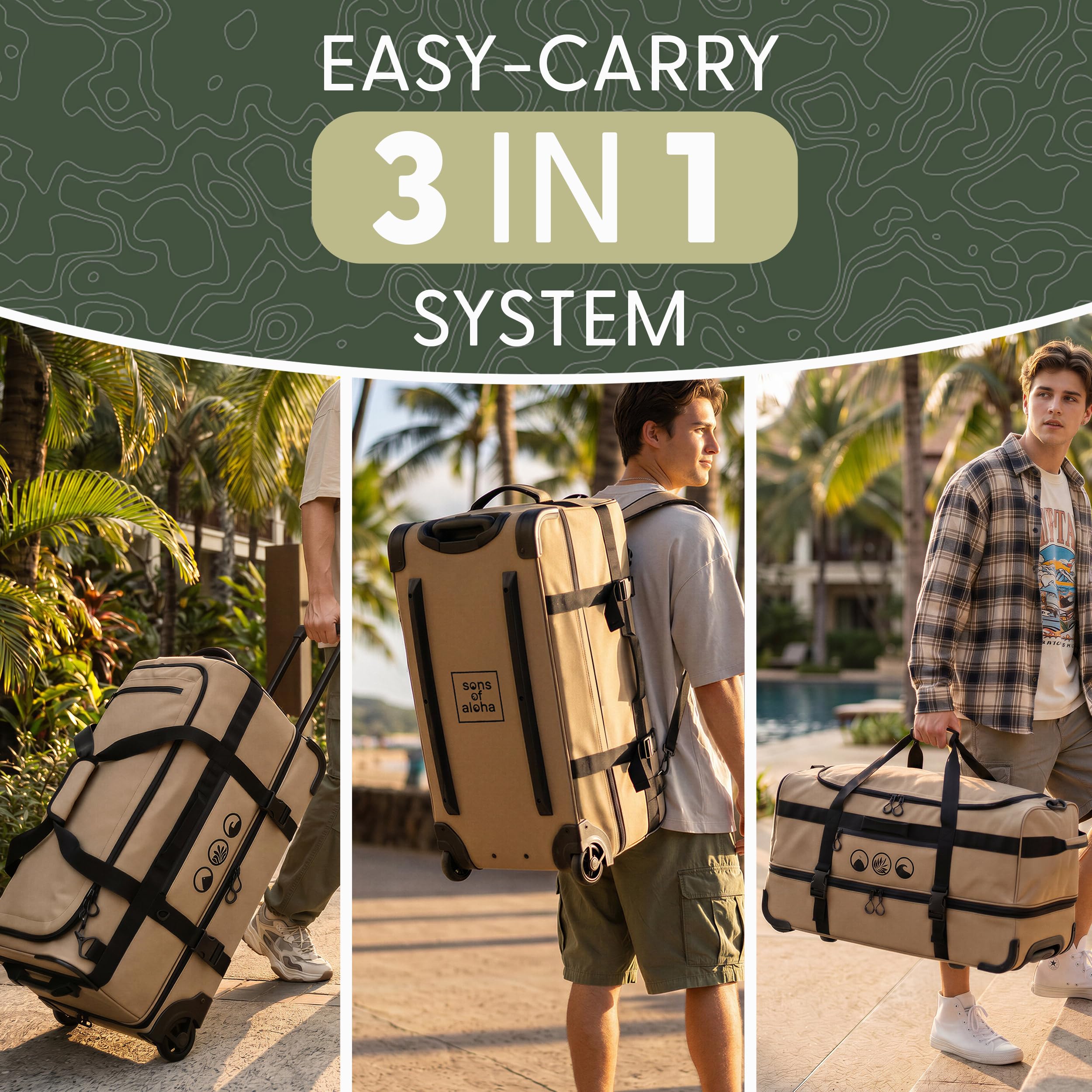 XL Reisetasche mit Rollen 3-in-1 Rucksack, Reisetasche und Trolley wasserabweisend | Flow mit Schuhfach und Schutzecken für Herren & Damen | Reise-Tasche aus hochwertigem Ripstop beige