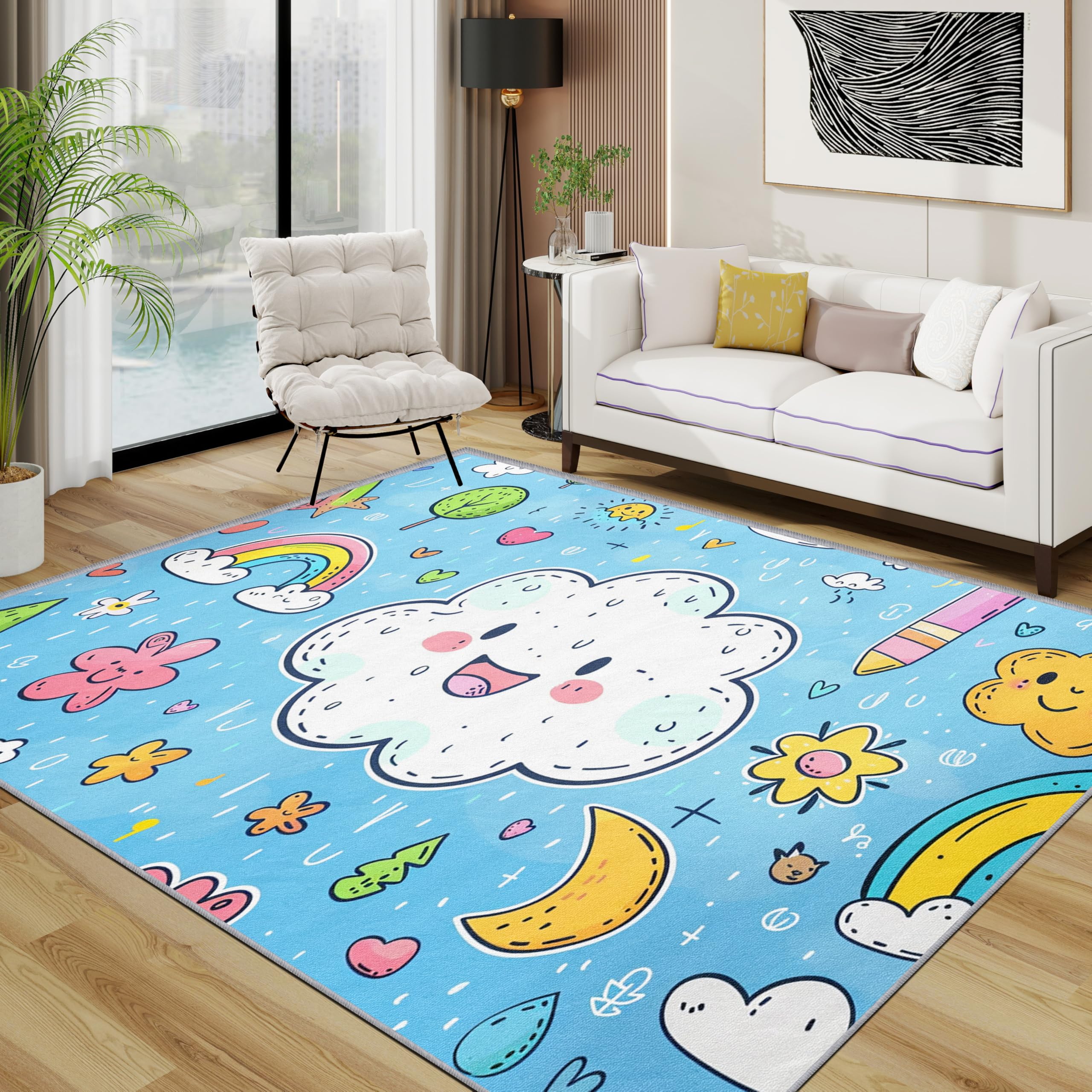 Wolke Teppich Waschbar, Süß Cartoon Regenbogen Teppich 80x150 cm, Kinderzimmer Kinder rutschfest Waschbar Pflegeleicht Teppiche Für Schlafzimmer Küche, Blau Weiß Rosa