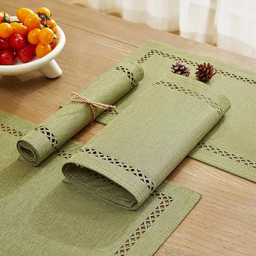 Miniatura 6 de Juego de 6 manteles individuales de arpillera de 12 x 18 pulgadas, manteles individuales rústicos geométricos huecos, resistentes al calor para
