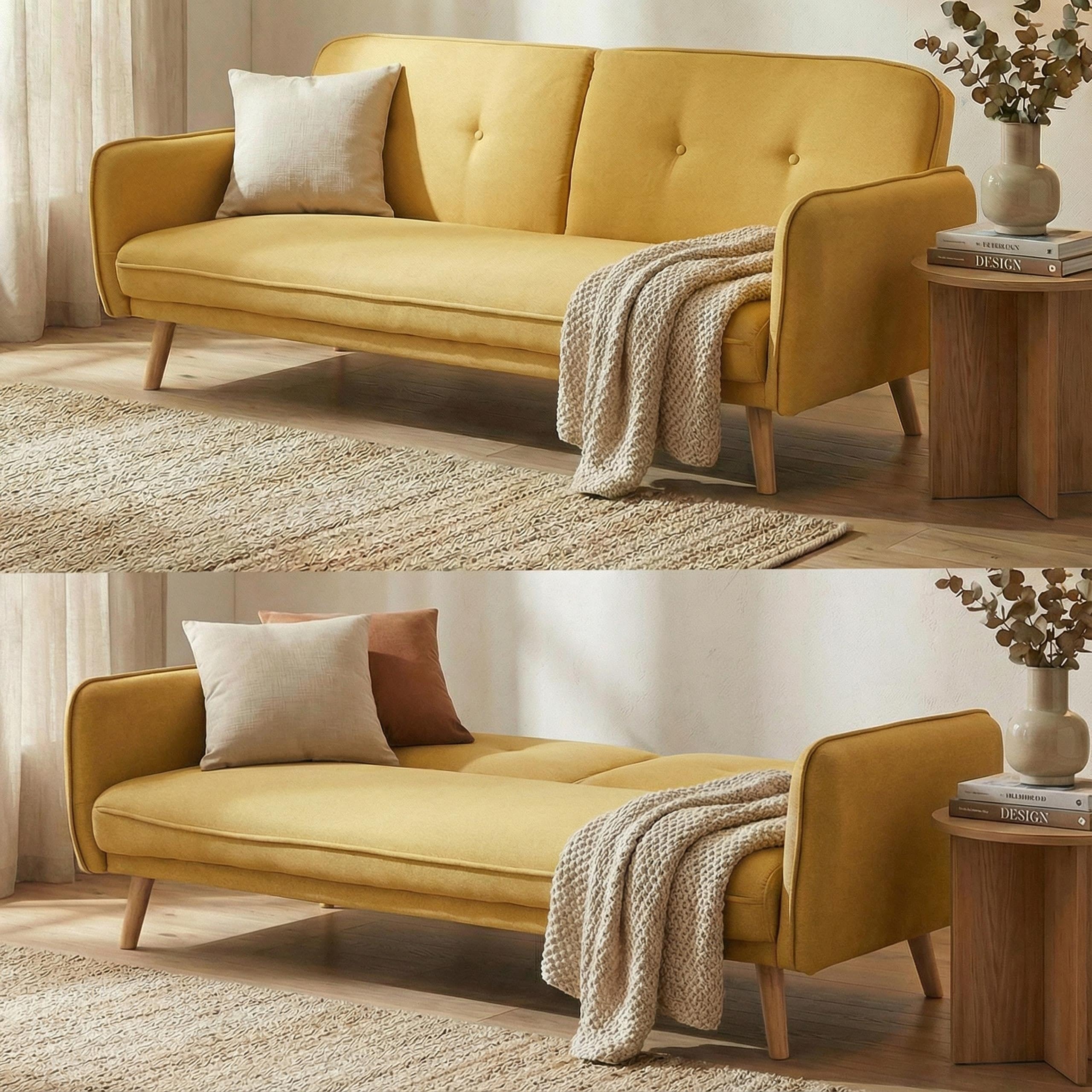 Mendler HWC-J18 - Sofá cama (185 cm), color amarillo | Sofá plegable, cama de invitados, sofá cama, textil