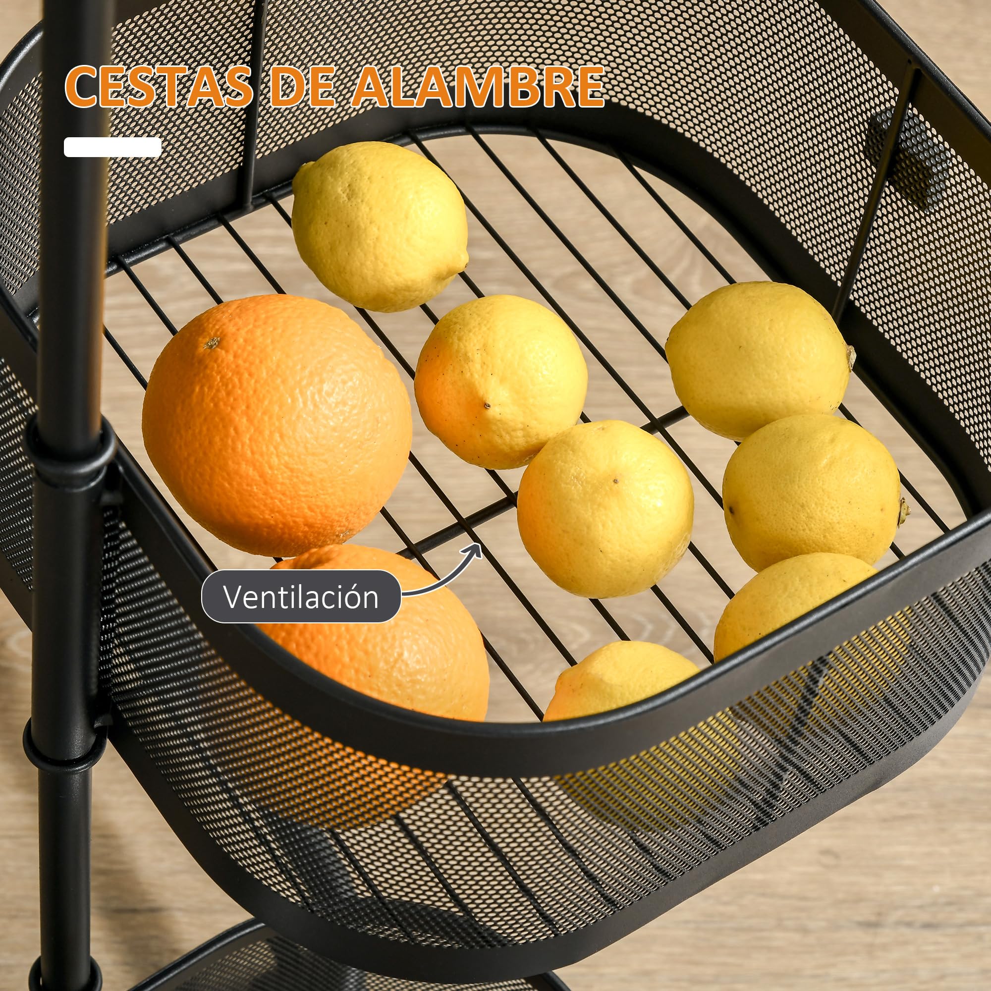HOMCOM Carrito Auxiliar con Ruedas de 5 Niveles, Carrito de Cocina con 4 Cestas de Almacenamiento Giratorias 270° y Bandeja Superior, para Frutas, Verduras, Utensilios, 33x33x77 cm, Negro