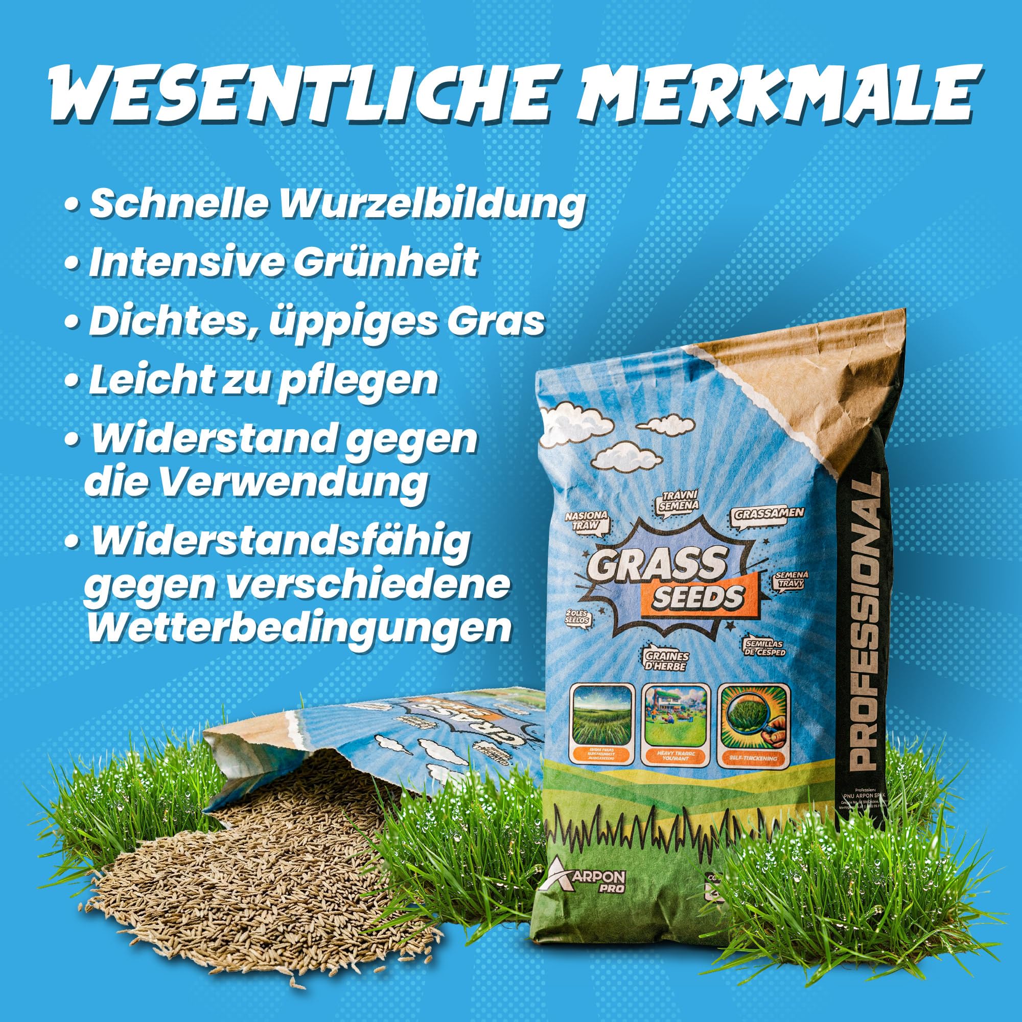 Graines de gazon de qualité supérieure à germination rapide - 5 kg - Graines d'herbe pour 200 m² de gazon - Graines de gazon idéales pour les nouveaux semis et les semis - Graines d'herbe fabriquées