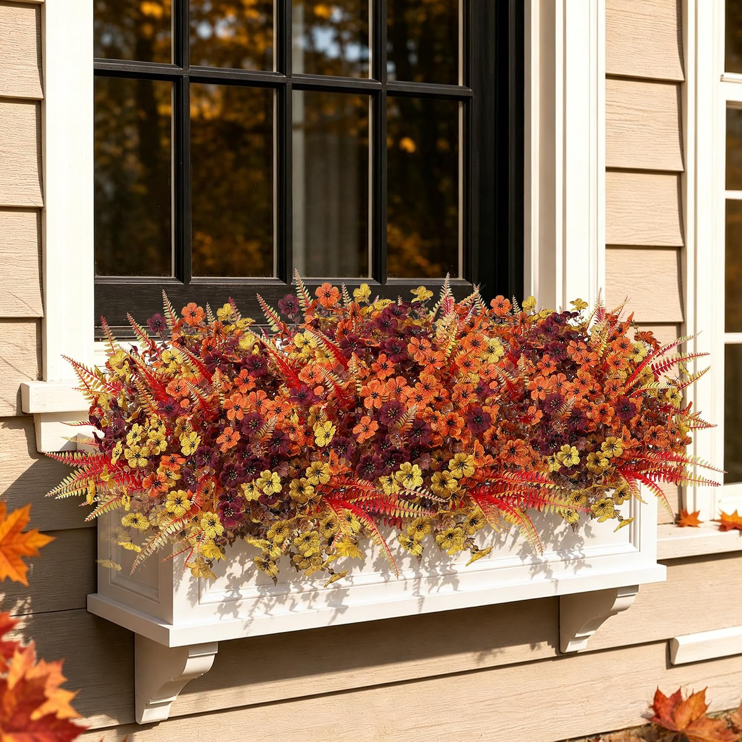 HyeFlora Artificial Fall Flowers for Outdoor Decoration, 14 Bundles Faux Silk Colorful Mums Ferns UV Resistant Realistic Fake Flowers for Home Porch Patio Yard Window Box (3 Colors Mixed)
