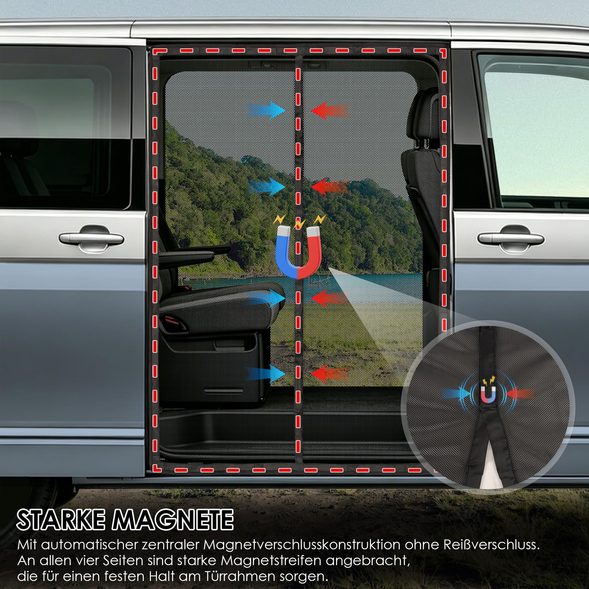 Zanzariera magnetica per porta laterale VW T5 T6, poliestere 122 g/m², maglia 1 mm, per campeggio
