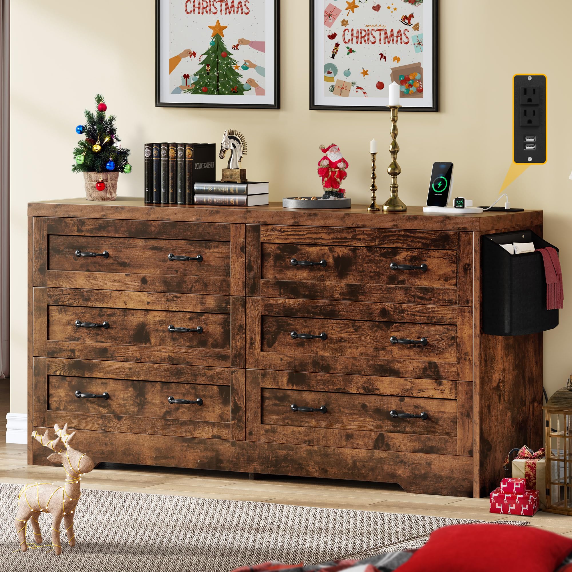 dwvo farmhouse 6 drawer dresser for bedroom, 31.5 inch tall modern dresser tv stand with large drawers & bar handles, storage dressers with power outlets, rustic wood chest of drawers, rustic brown