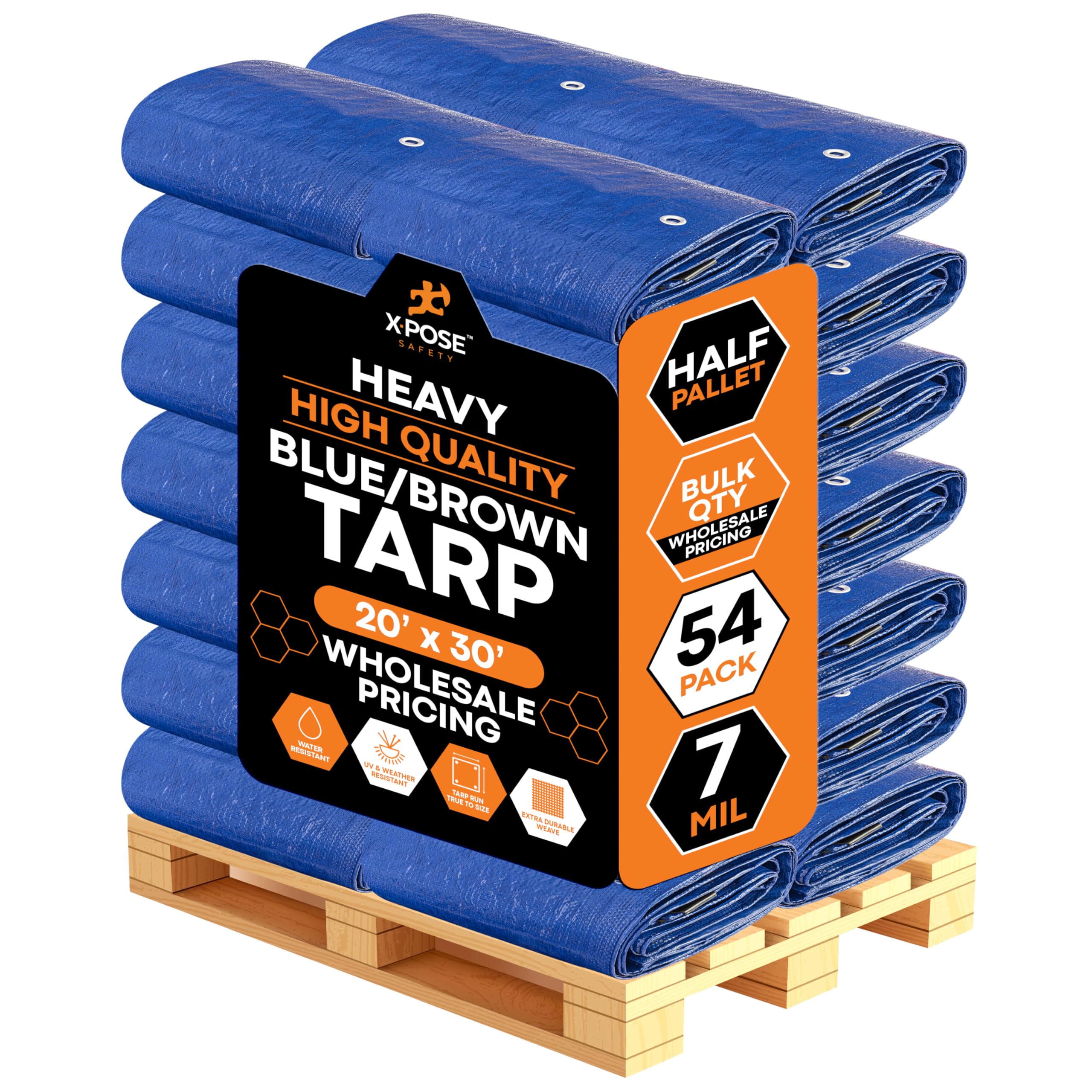 Heavy Blue Brown Tarp 20 x 30- Bulk Half Pallet 54 Pack Weatherproof Camping Rain Wind Sun -