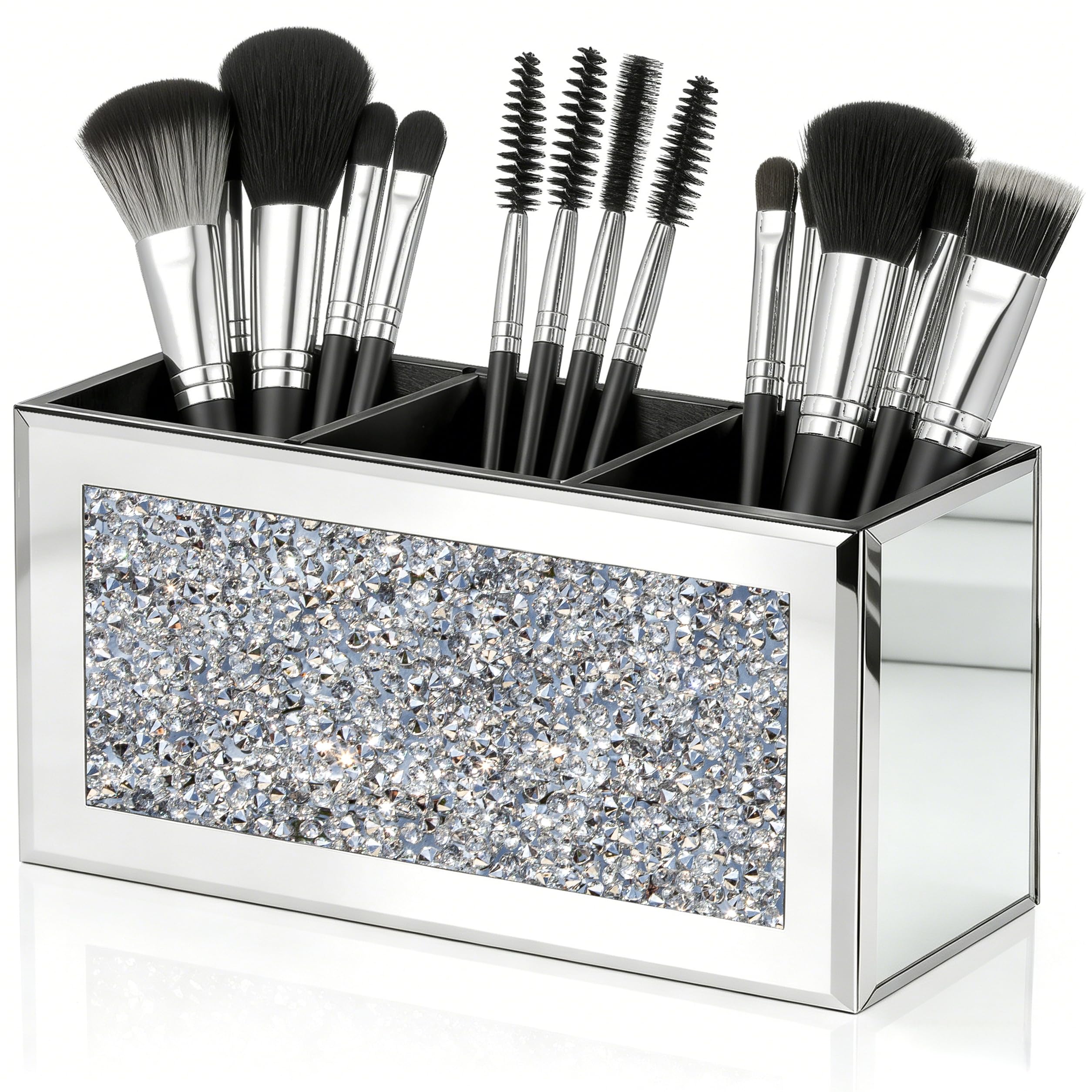 SHYFOY Mirrored Makeup Brush Holder Organizer with Crushed Diamond