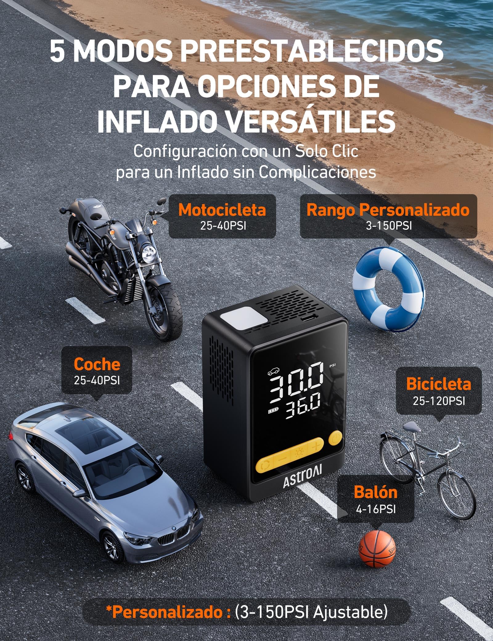 AstroAI Compresor Aire Portátil Coche,150 PSI Inflador Ruedas Coche Inalámbrico, 2 Veces Más Rápido, Pantalla LCD Precisa y Luz LED, Mini Bomba Eléctrica para Neumáticos de Coche, Moto, Bici