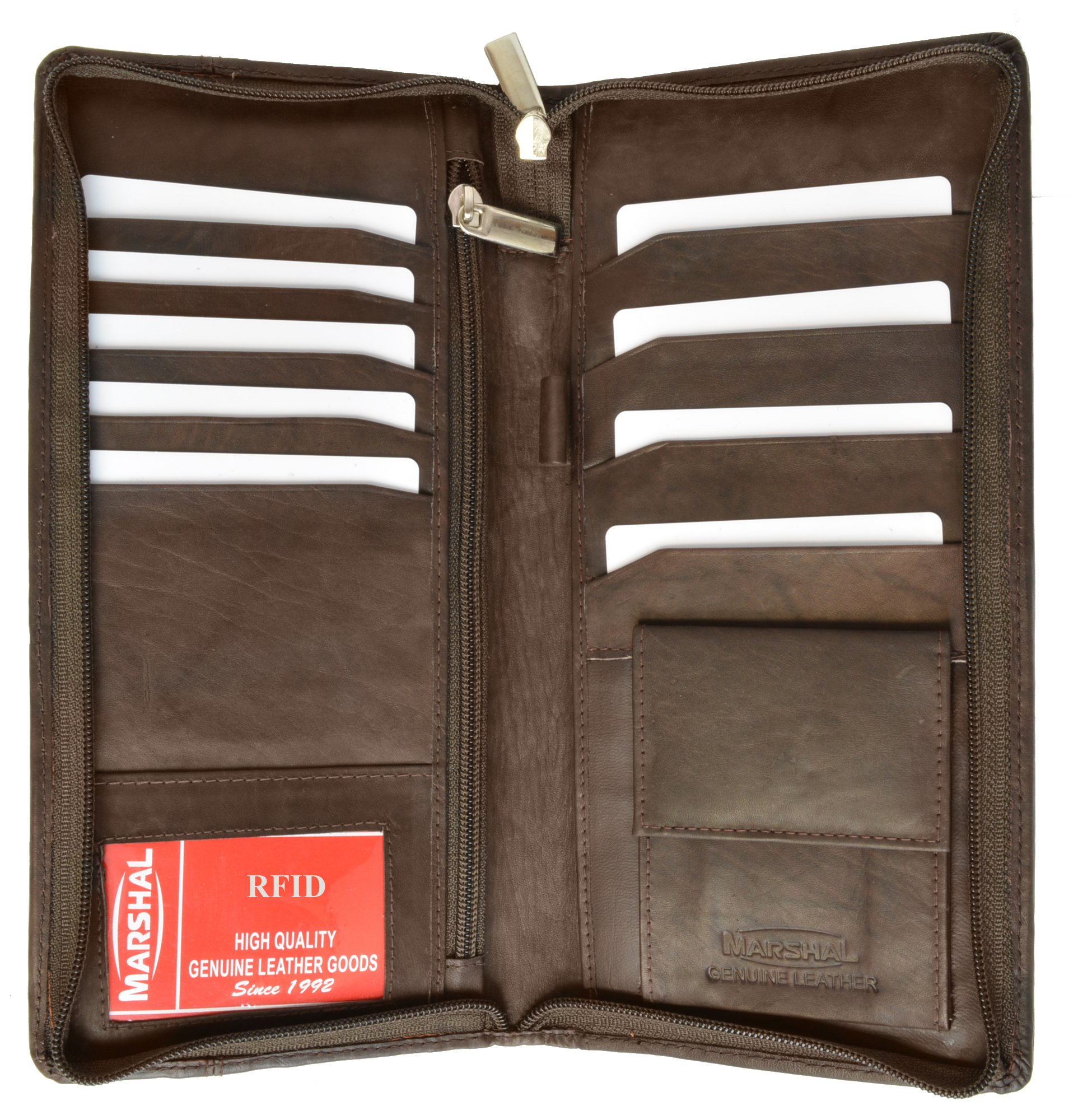 Cartera de viaje con bloqueo RFID y soporte para pasaporte familiar, soporte para documentos y organizador de cuero genuino que protege tus pasaportes, Marrón, Compacto
