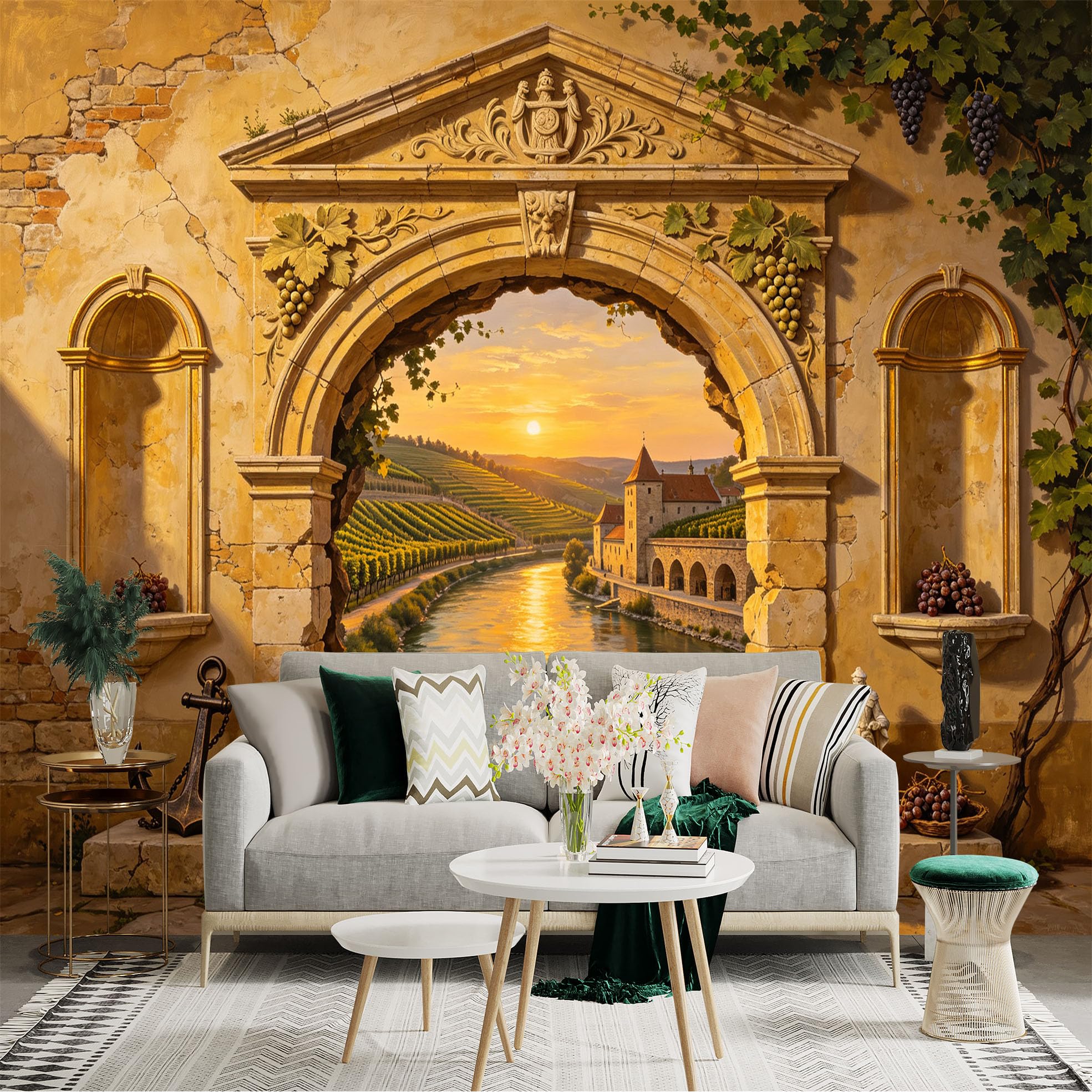 Custom Size Wall Sticker Mural， Rustic Stone Archway， River Sunset， Vineyard Landscape， Mediterranean Village， for wall Decoration， peelandstick wall Decals.