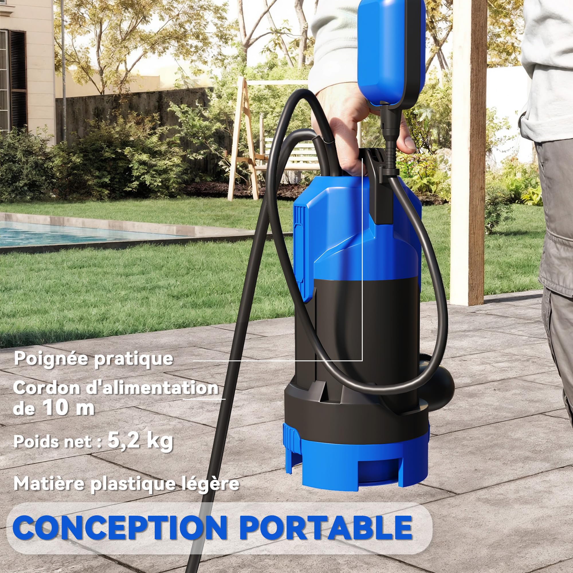 Outsunny Pompe d'évacuation eaux chargées/propres 20000L/H 750W, profondeur max. 7m, Pompe de relevage eaux chargées avec interrupteur à flotteur, pour eaux sales avec particules jusqu'à 35 mm, noir