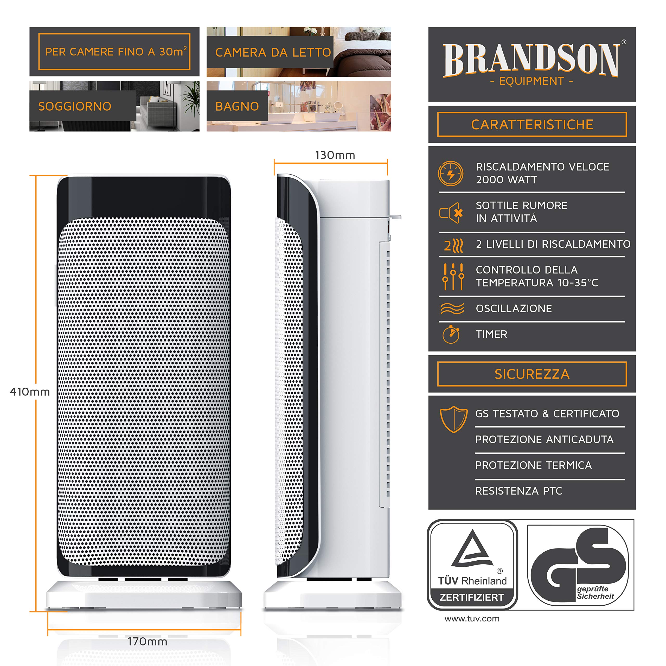 Brandson - Termoventilatore con Telecomando - Termoventilatore in Ceramica Bagno a Risparmio energetico, Silenzioso - Riscaldamento rapido con Funzione di Oscillazione - 2 Livelli di Riscaldamento -