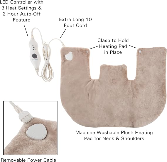 Electric Neck and Shoulder Warmer - Heating Pad with 3 Settings, Auto Shut-Off, Front Clasp, and Long Detachable Cord by Bluestone (Tan)