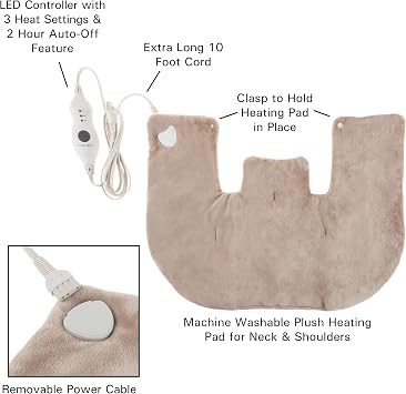 Electric Neck and Shoulder Warmer - Heating Pad with 3 Settings, Auto Shut-Off, Front Clasp, and Long Detachable Cord by Bluestone (Tan)