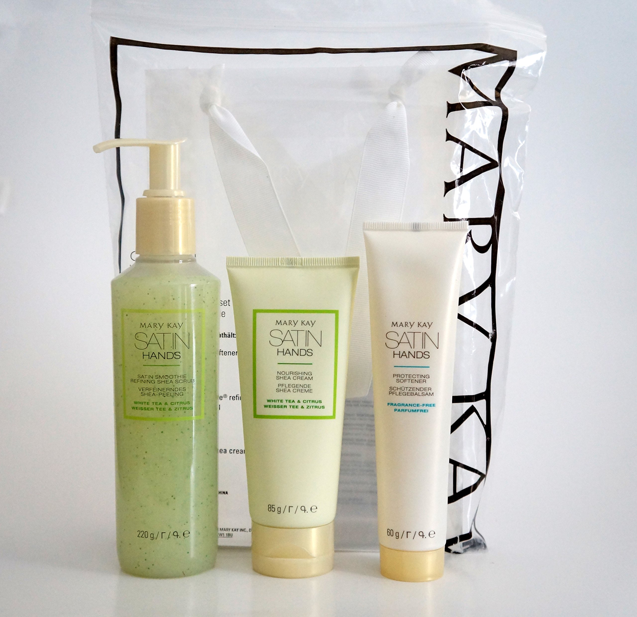 Mary Kay Satin Hands Set White Tea & Citrus - Juego de cuidado para manos contiene protector suave (bálsamo nutritivo) 60 g, exfoliante de karité (exfoliante de karité), 220 g, crema de manos (crema