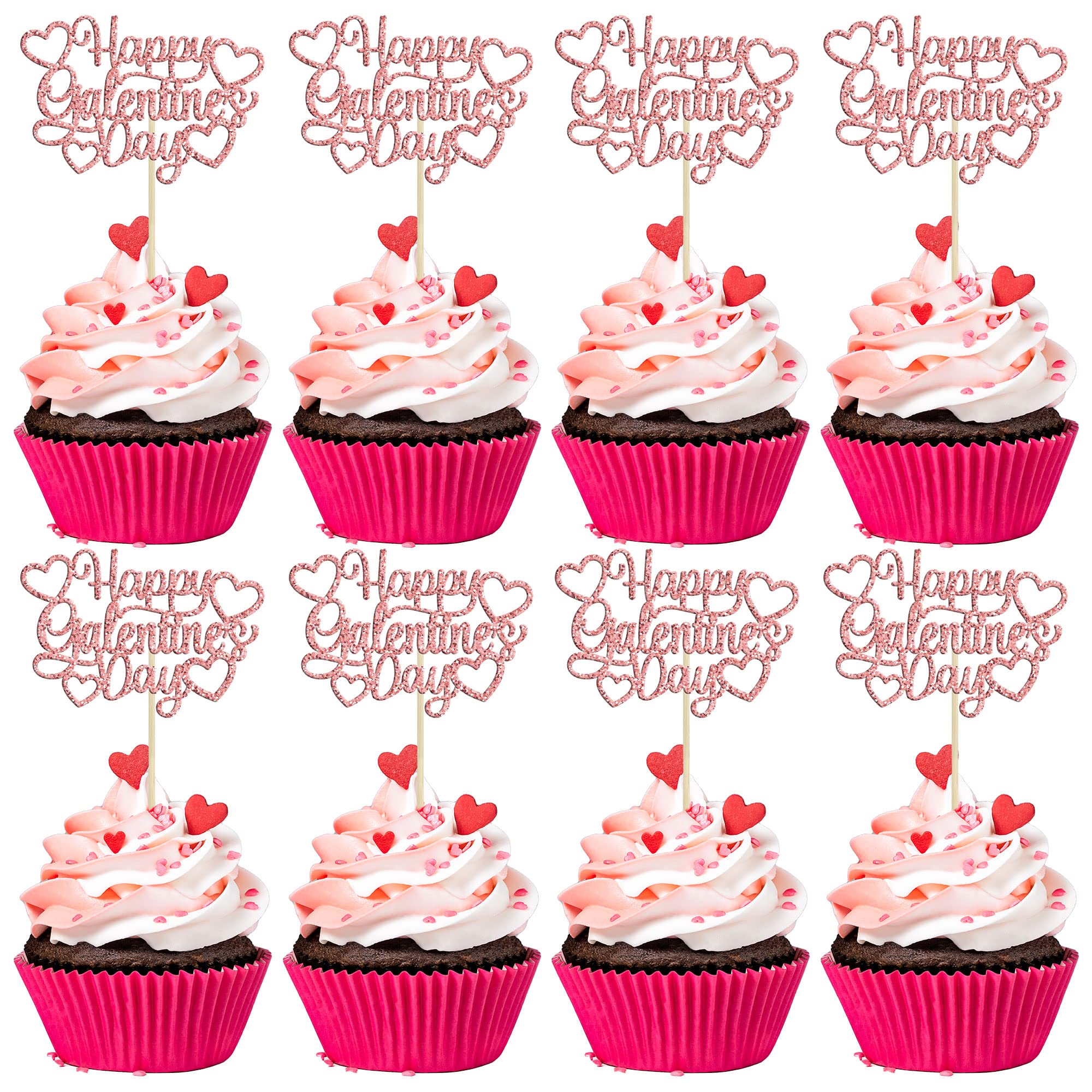 24Pcs Happy Galentine's Day Cupcake Toppers Rose Gold Glitter Sweet Love Valentine Cupcake Picks for Valentine's Day Theme Birthday Party Cake