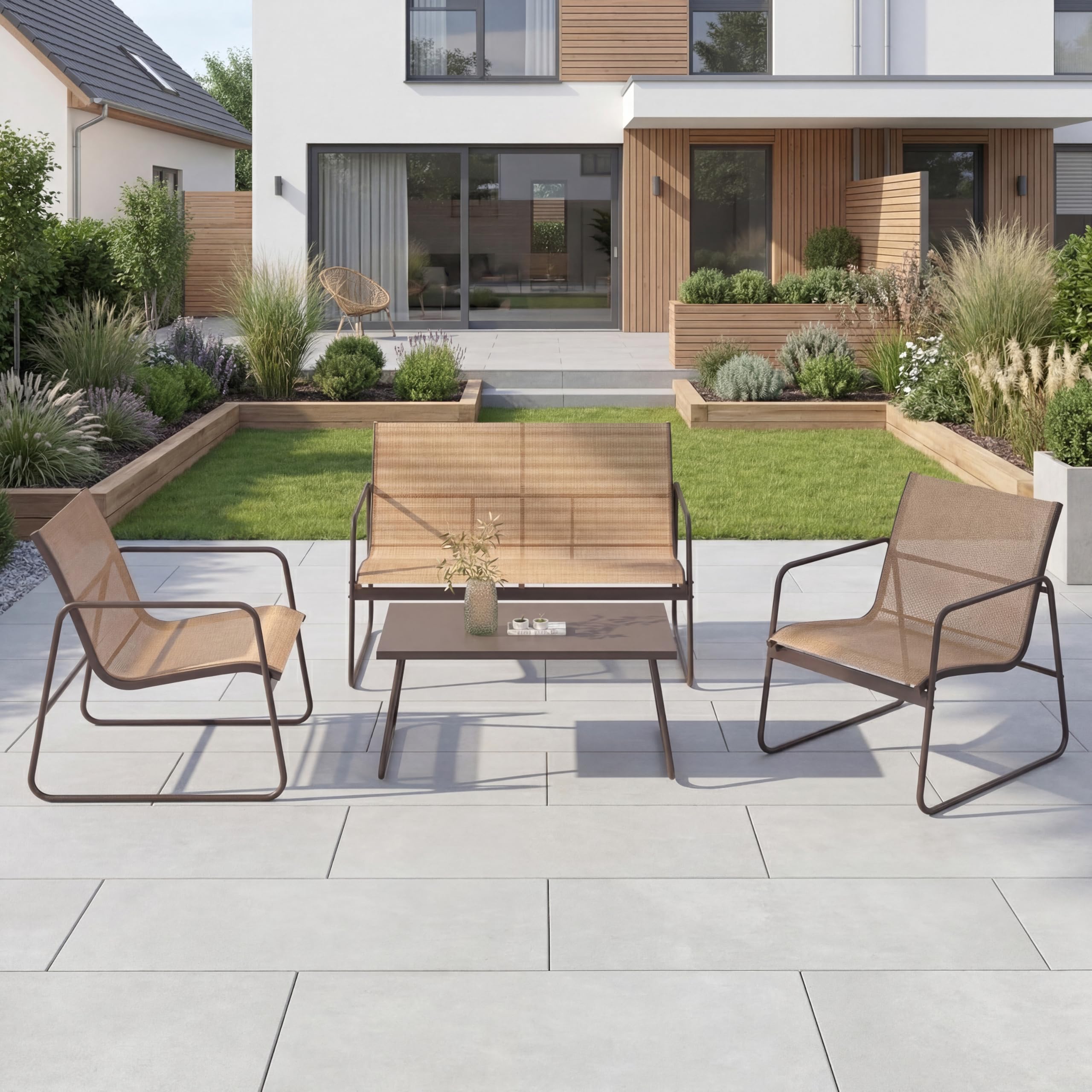 Grand patio Conjunto Muebles de Jardín, Textileno, Set de Comedor de Jardín Sillas de Mesa para Balcón, Jardín, Exterior (Marrón)