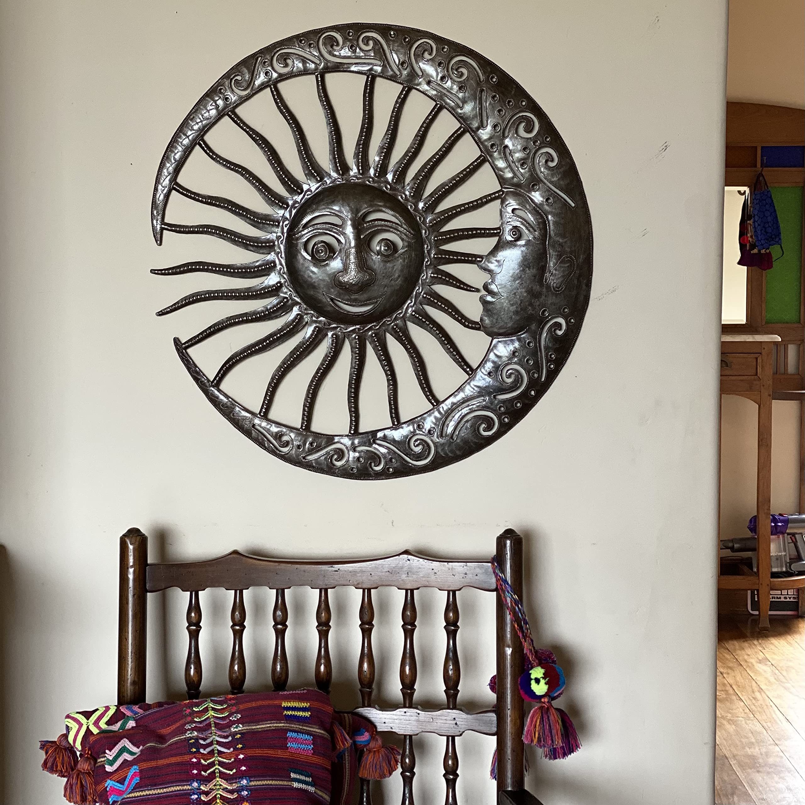 Coppia celeste di sole e luna, bronzo argentato, decorazione da parete haitiana, sculture decorative in metallo, per interni ed esterni, 63 cm