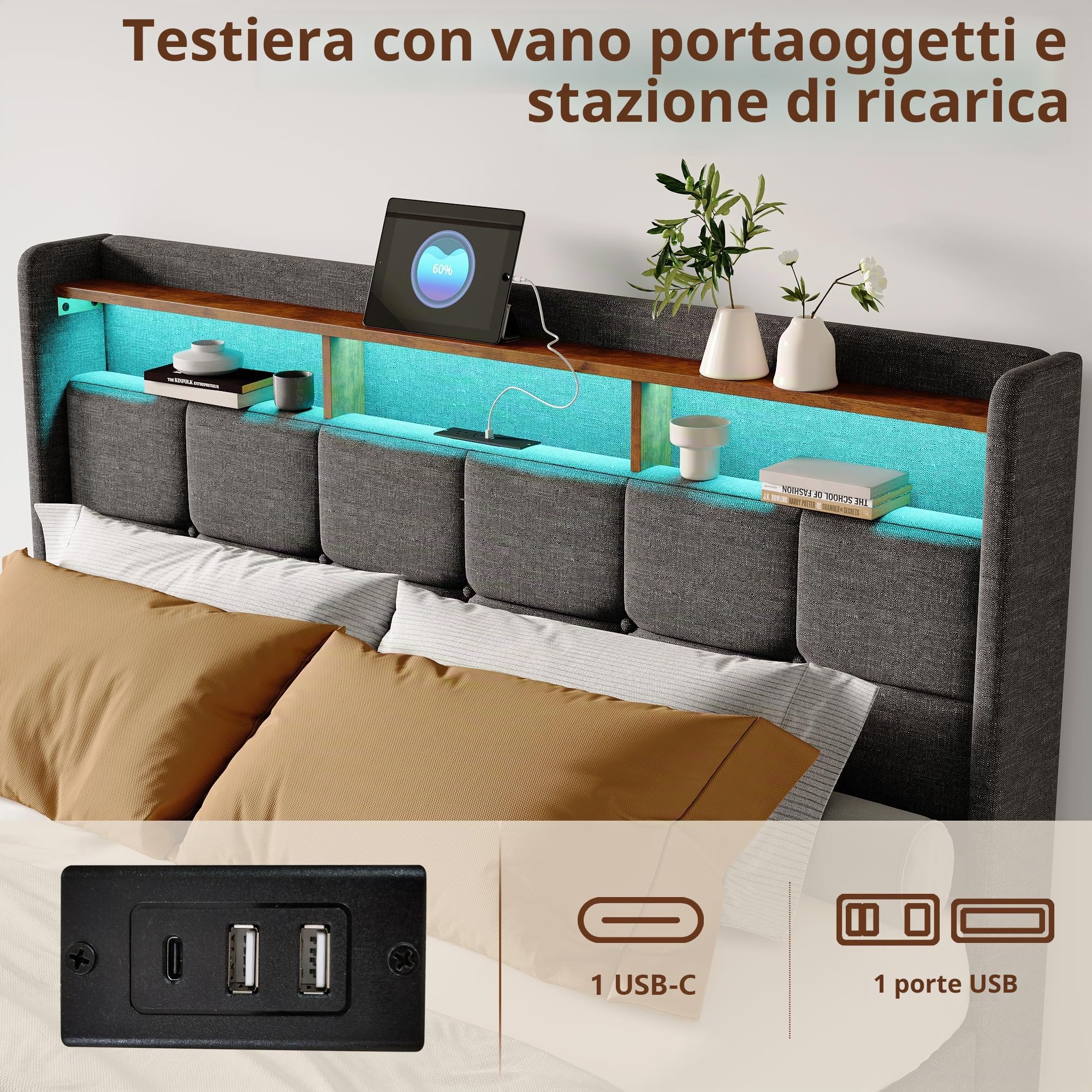 Letto 160 x 200 con rete LED e ricarica USB, letto matrimoniale imbottito 4 cassetti, testiera di stoccaggio in lino, letto grigio per adulti e adolescenti