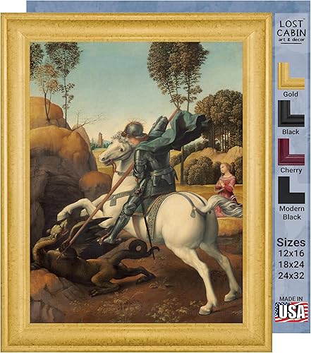 Vista 22 de Cabaña perdida de San Jorge y el dragón de Raphael Impresión en marco plano negro Reproducción de pintura de obras de arte fino Póster 2-San