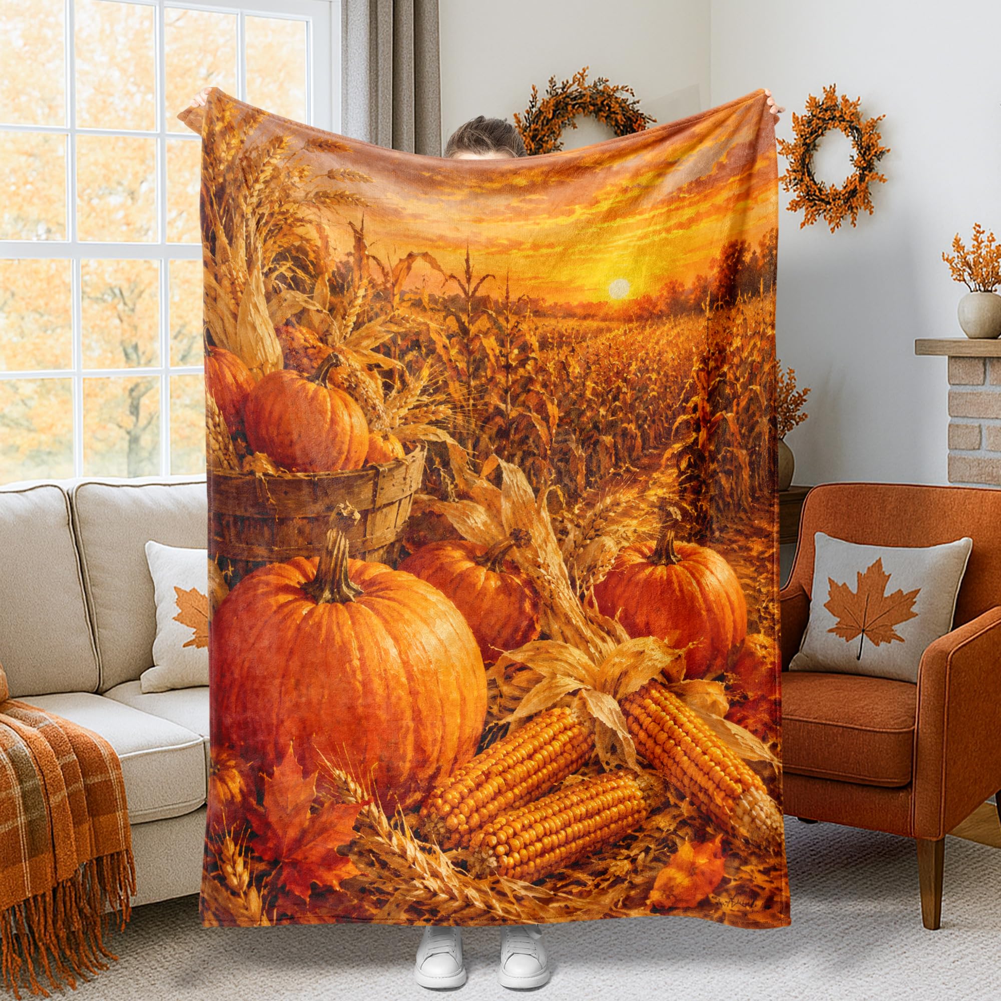 Couverture citrouilles rustiques orange d'automne 152x203 cm en peluche compacte pour lit et canapé