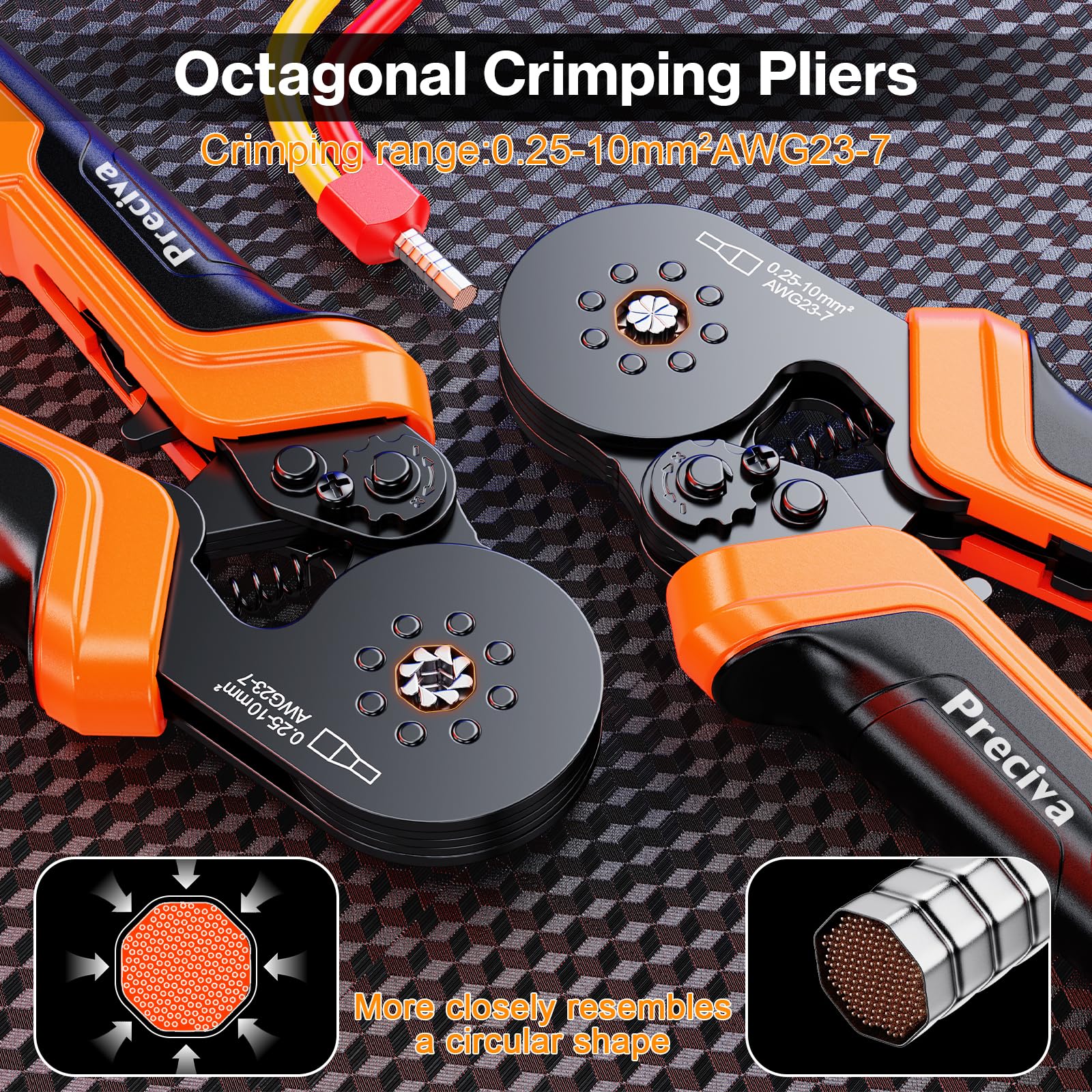 Preciva Crimpadora Electricos, Alicates de Terminales de Octogonal 0,25-10 mm², Kit Completo con 1285 Terminales Aislados y Doble Cable, Herramienta Profesional para Electricidad