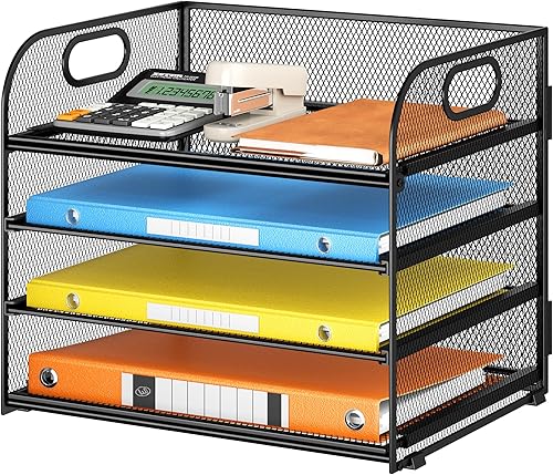 Organizador de archivos de escritorio de 5 bandejas, organizador de bandejas de cartas de malla con asa, organizador de archivos de escritorio y