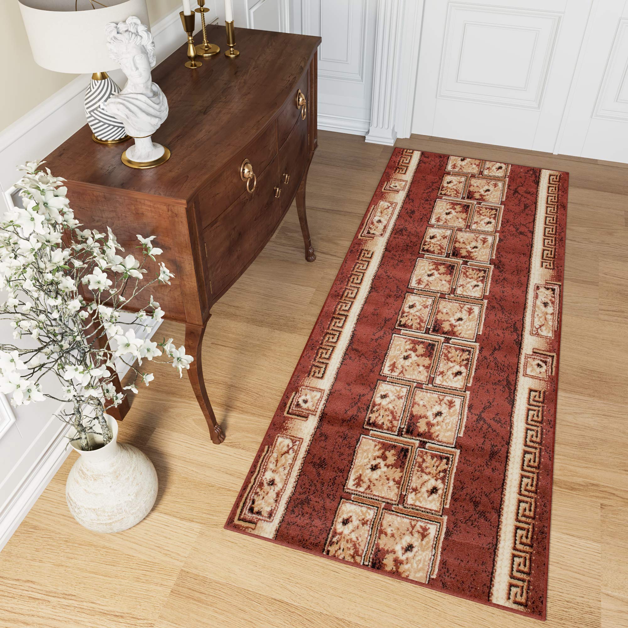 Tapiso Atlas chodnik na korytarz, krótkie runo, dywan do kuchni, salonu, retro, kwiatowy, kwadratowy, wzór w kolorze brązowym, beżowym, Ökotex 120 x 400 cm