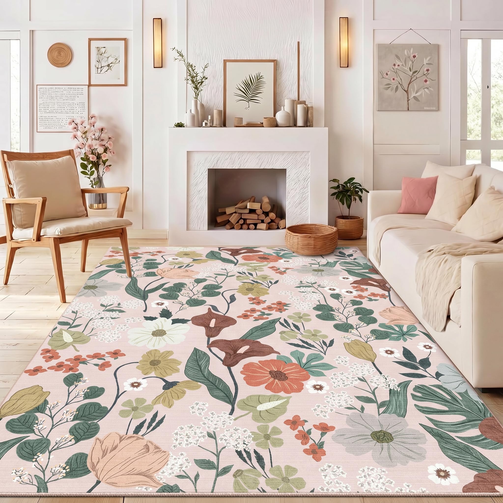 WQMMD Beige Rug Living Room 120x180cm Washable Rug Short Pile Boho Floral Pattern Pink Flower Design Non Slip Carpet for Living Room Bedroom Kitchen Farmhouse Home Decor — image 1