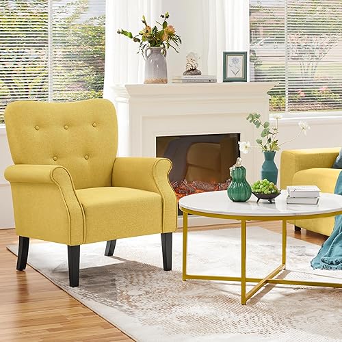 Miniatura 8 de Yaheetech Sillón moderno, sillón decorativo de mediados de siglo con patas de madera resistentes y respaldo alto, sofá tapizado de tela para sala de