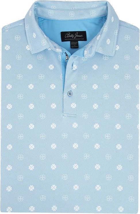 Bobby Jones Mens Short Sleeve Clover Print Performance Golf Polo Shirt (Size Small - 3XL) (US, Alpha, 3X-Large, Regular, Regular, Sky Blue)