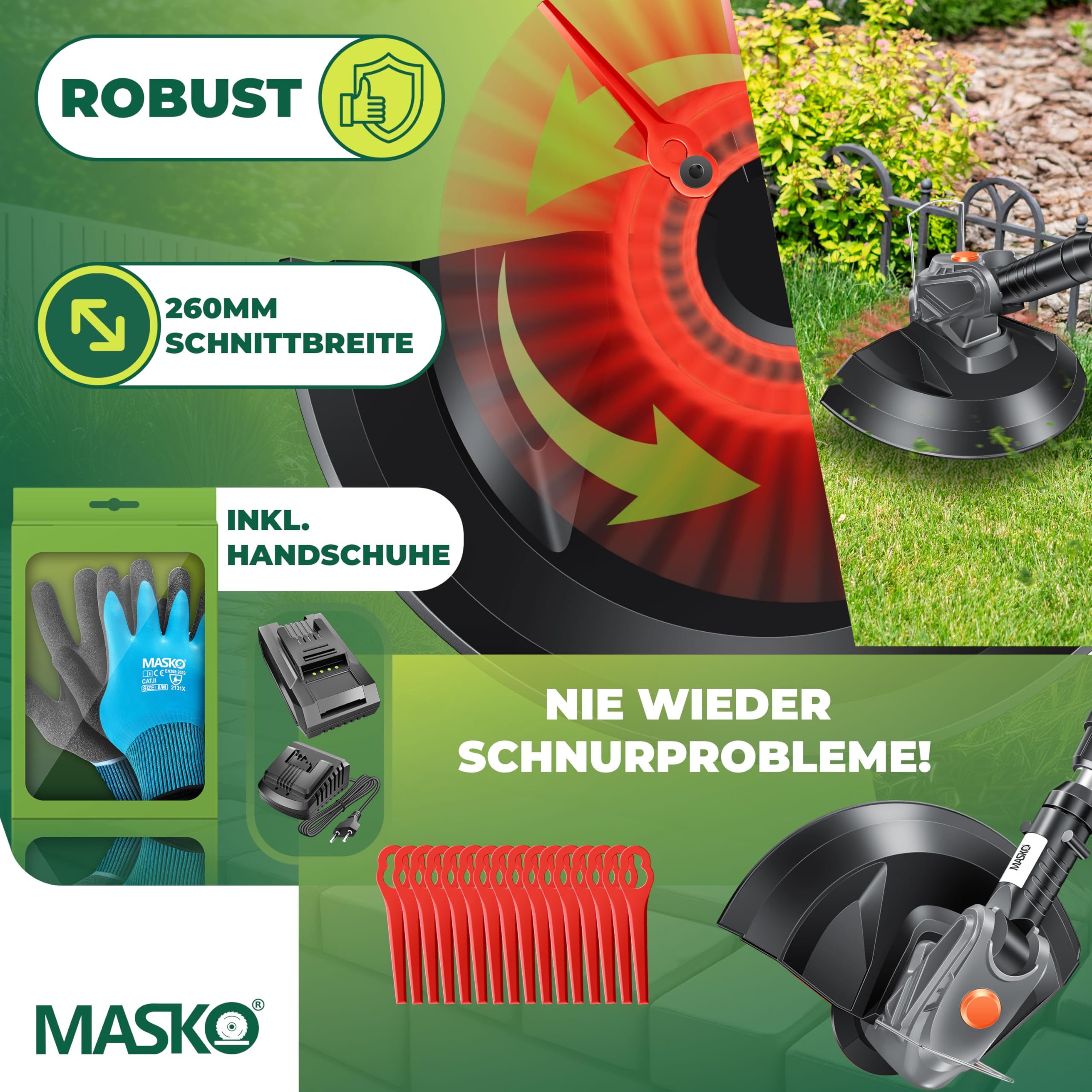 MASKO® Accugrasmaaier incl. accu Li-Ion batterij 4 Ah en oplader – grastrimmer maaibreedte 33 cm, 5-voudige maaihoogte 25-75 mm opvangbak 30 liter, tot 150 m² oppervlakken