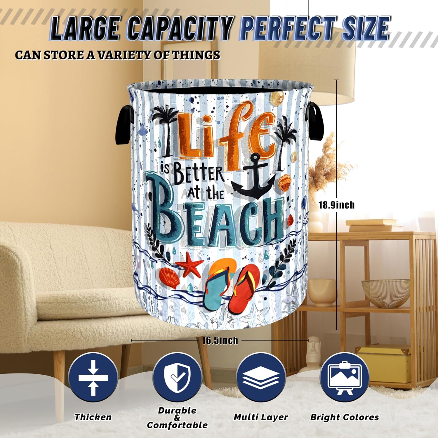 Life is Better At the Beach Laundry Hamper Oxford Cloth Basket 18.9x16.5 In