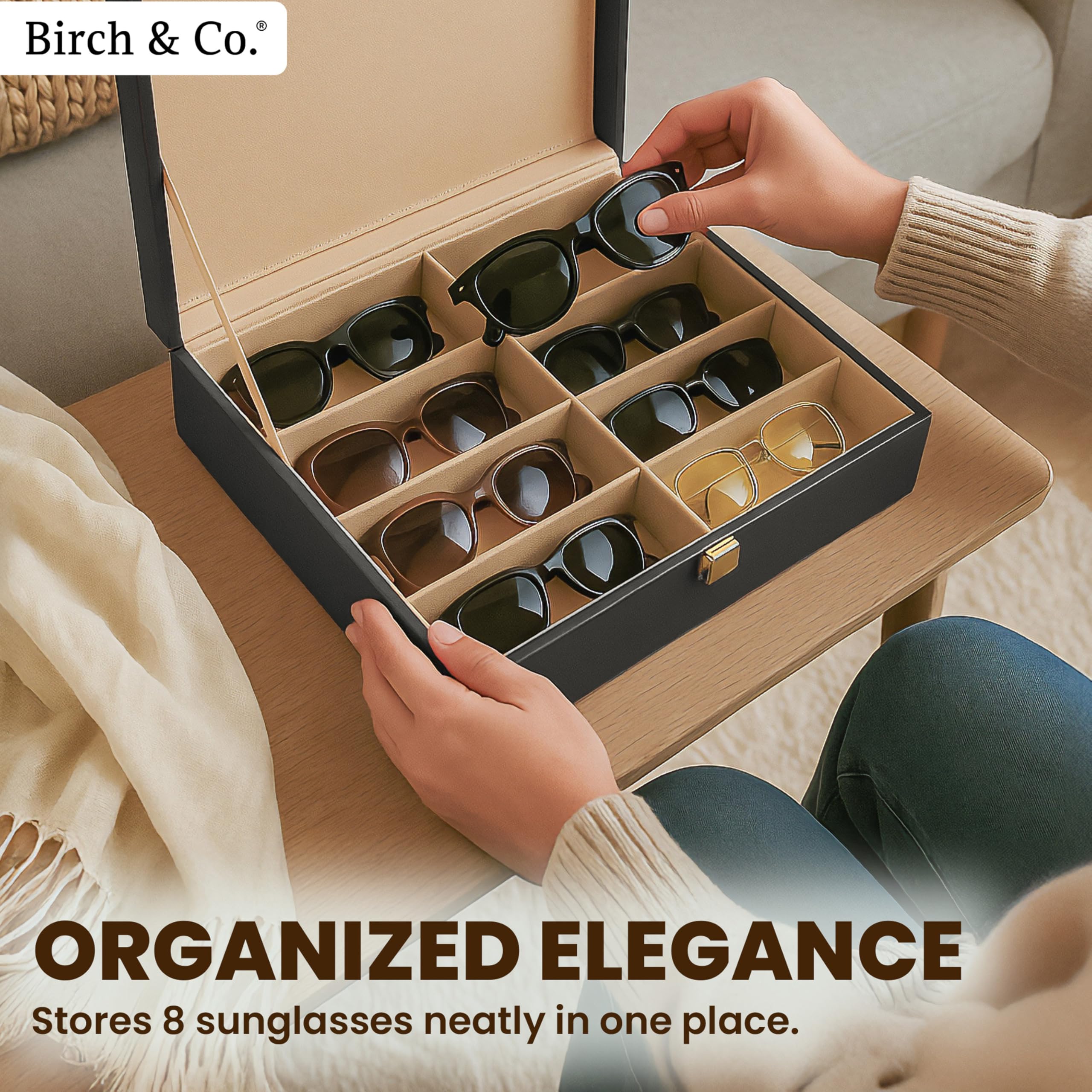 Sunglasses Organizer - Sunglass Case - Glasses Box - Specs Box for Men - Goggles Holder - Eyewear shades Organiser, Leather Finish, Soft Velvet Lining, Travel-Friendly for 8 Sunglasses, Black - Image 2 thumbnail