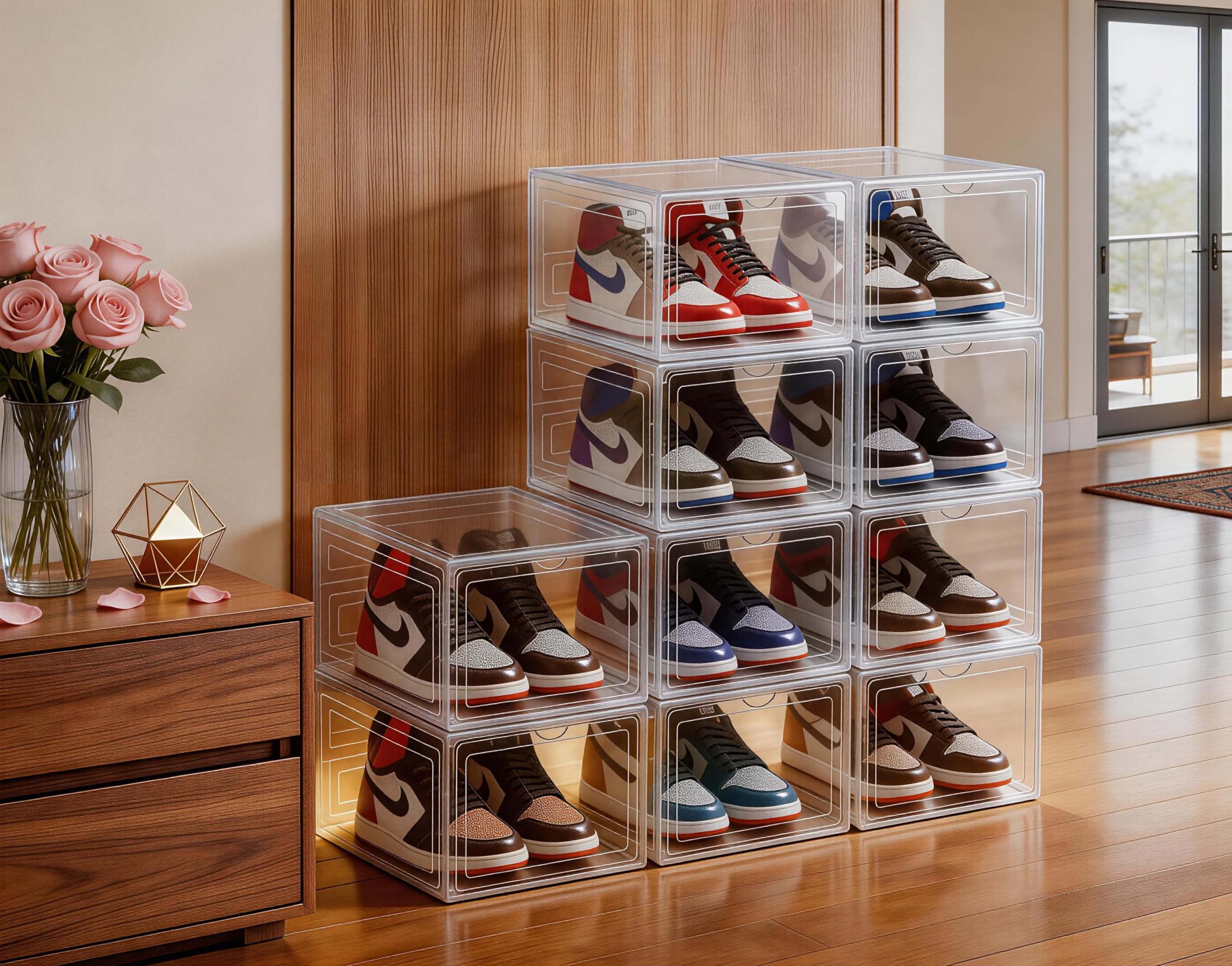Paquete de 10 organizadores de zapatos para armario, caja de zapatos, contenedor de almacenamiento con tapas, apilable transparente, plástico duro grueso, puerta frontal caída, dentro de la