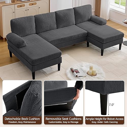 Miniatura 4 de Sofá modular para sala de estar, sofá en forma de U con tela de chenilla, sofá tapizado de 4 asientos con diván doble para apartamentos modernos y