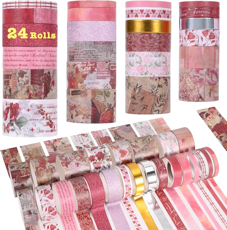 24 Rolls Flower Decorative Washi Tape Set(Romantic Eternal Series) | Adhesive Wahi Tape For DIY Art Crafts,Planners, Bullet Journaling,Gift Wrapping,Scrapbooking and Junk Journal Supplies