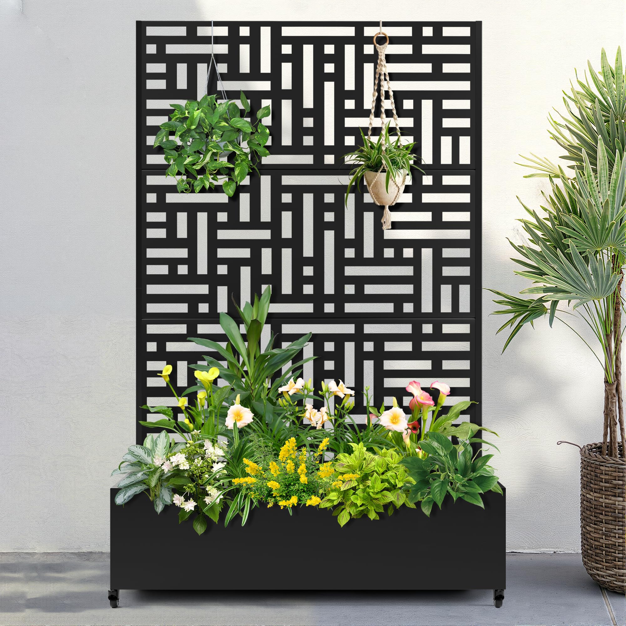 fency metal raised garden bed with wheels and trellis,73"x47"x16" planter box for climbing plants, vegetables & vines, features privacy screen and drainage holes (grey-geometric lattice)(