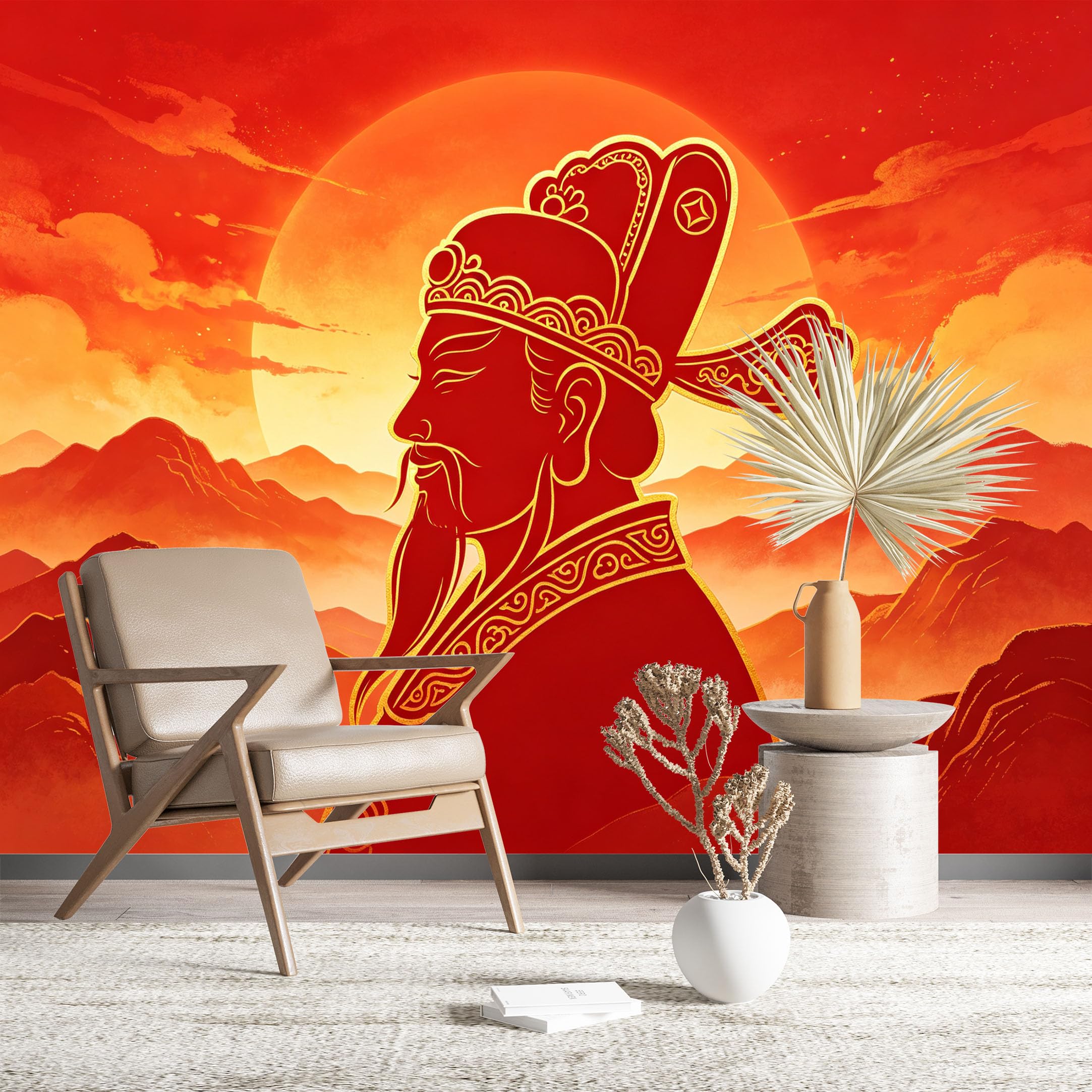 Custom Size Wall Murals Red God of Wealth Illustration Wall Murals Festival Wallpaper Wall Stickers Self-Adhesive Removable Wallpaper for Living Room Home Decor