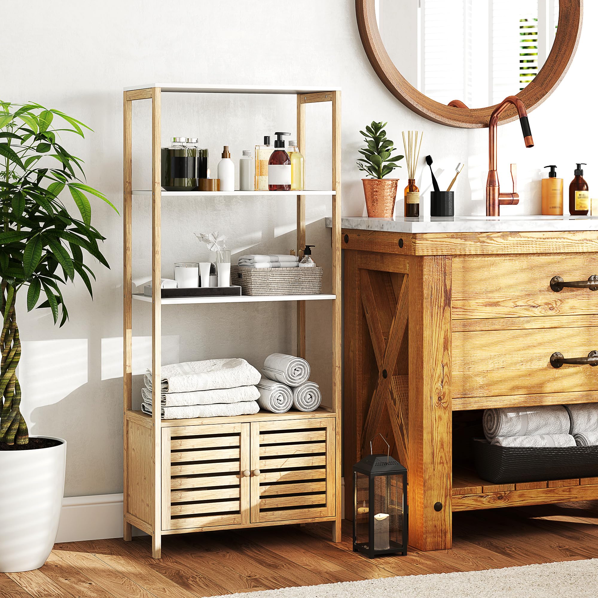 HOMCOM Estantería de Baño de Bambú con 3 Estantes Abiertos Estantería de Almacenaje con Puertas de Lamas 63x30x138 cm Natural y Blanco
