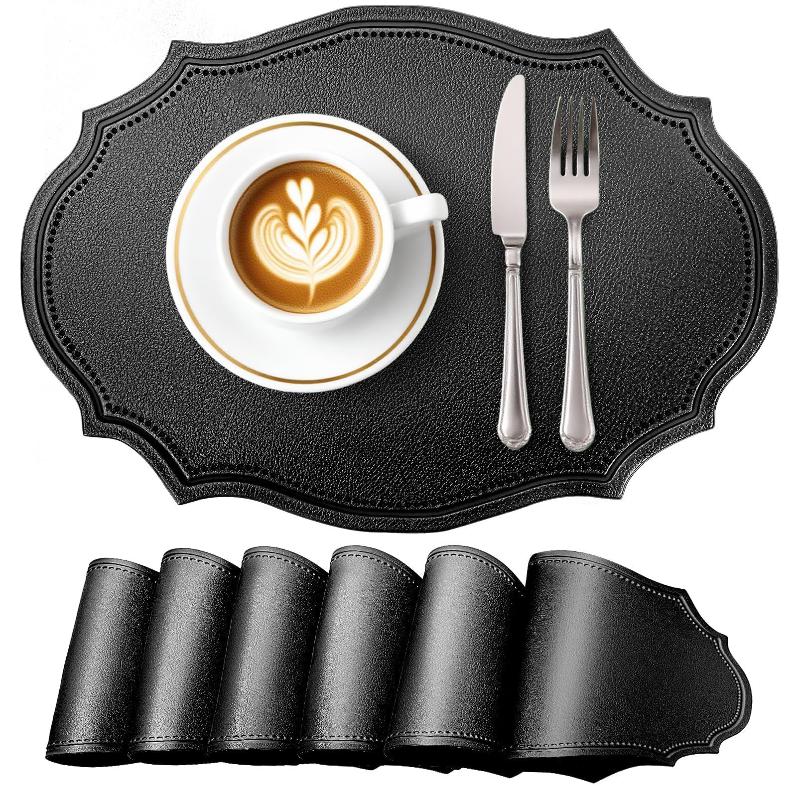 fanquare Retro Black Oval Faux Leather Table Mats Set of 6