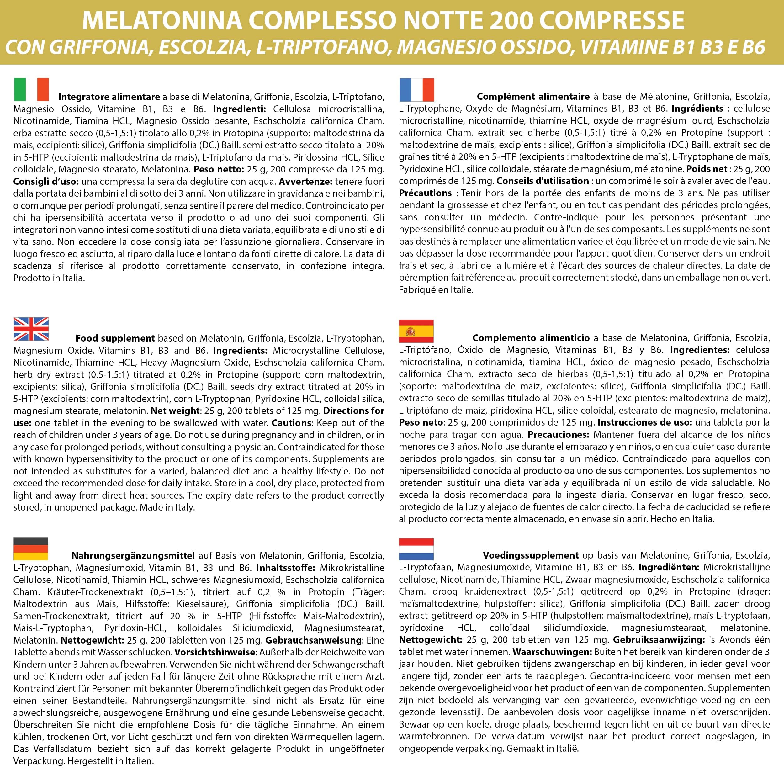 Melatonina Complesso Notte 3000 Compresse 1 al dì | con Griffonia Escolzia Triptofano Magnesio Vitamine B1 B3 B6 | Sonno Umore e Rilassamento | Non animale LA BOTTEGA DEGLI INTEGRATORI