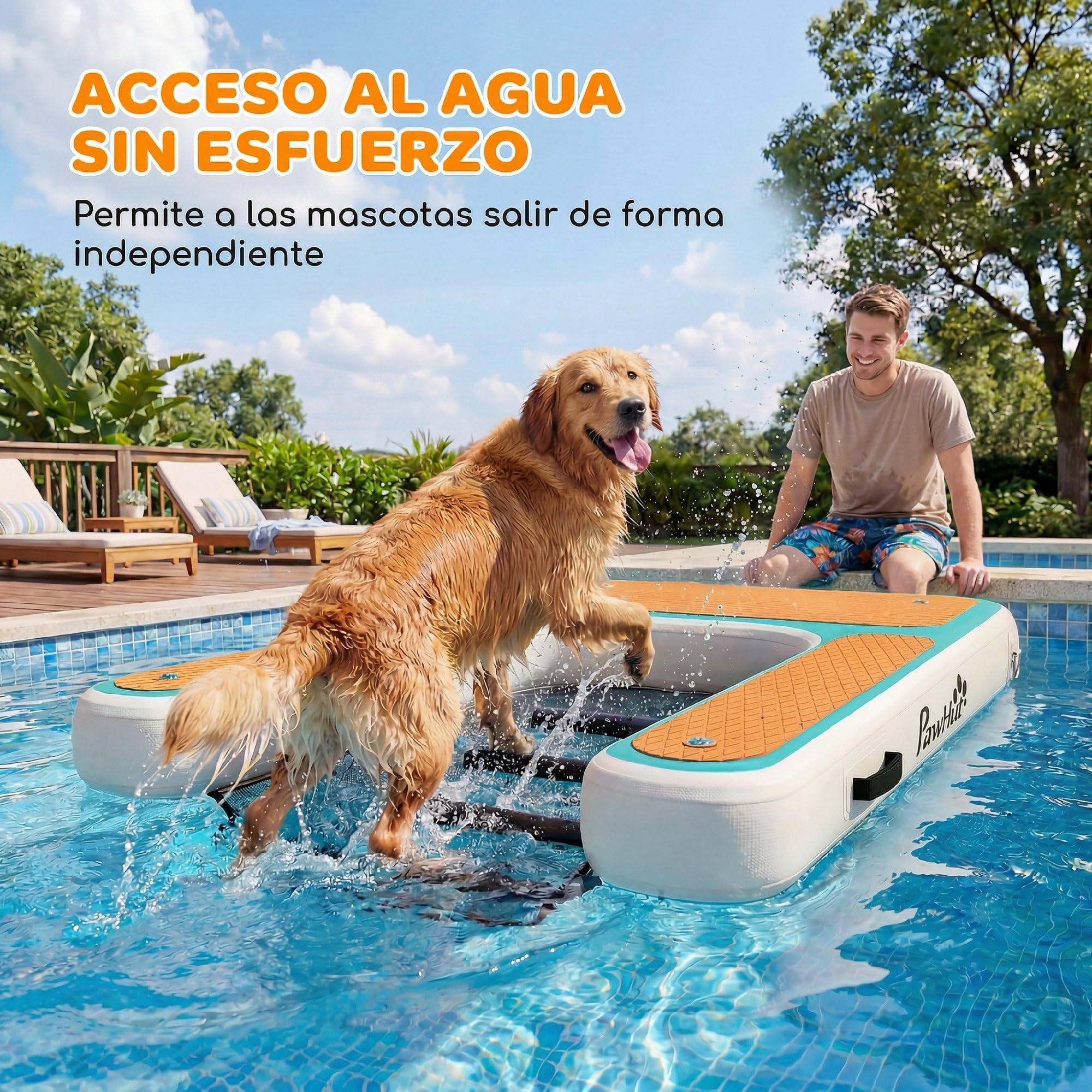 PawHut Rampa de Agua Hinchable para Perros para Piscina, Barcos, Lagos, 151x102 cm, Escalera Flotante para Perros con Superficie Antideslizante de EVA, para Razas Grandes de hasta 100 kg