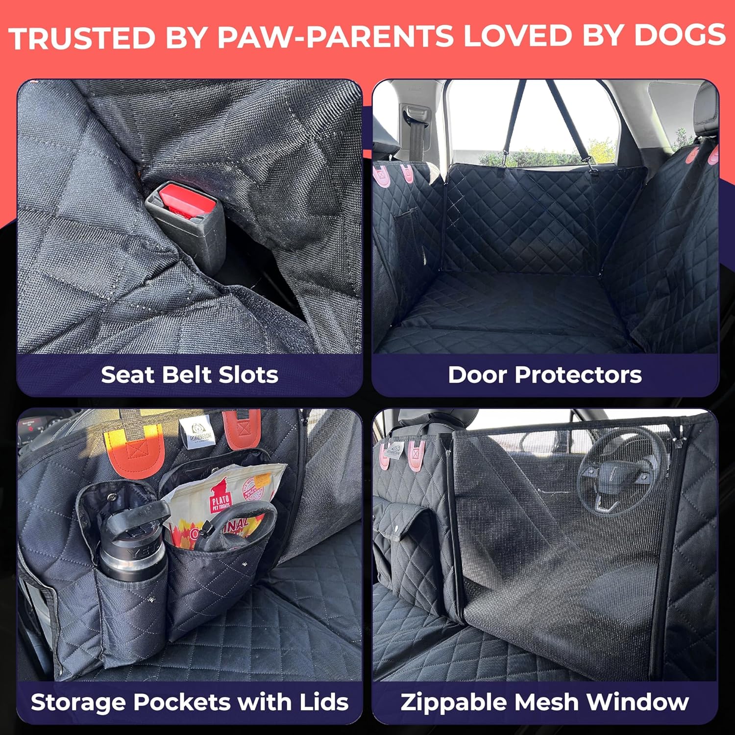 BarkBridge+ Backseat Extender for Dogs - Hard-Bottom Waterproof Back Seat Bridge for Cars, Trucks & SUVs - Dog Hammock with Storage Pockets - Dog Rear Car Seat Cover with Door Covers
