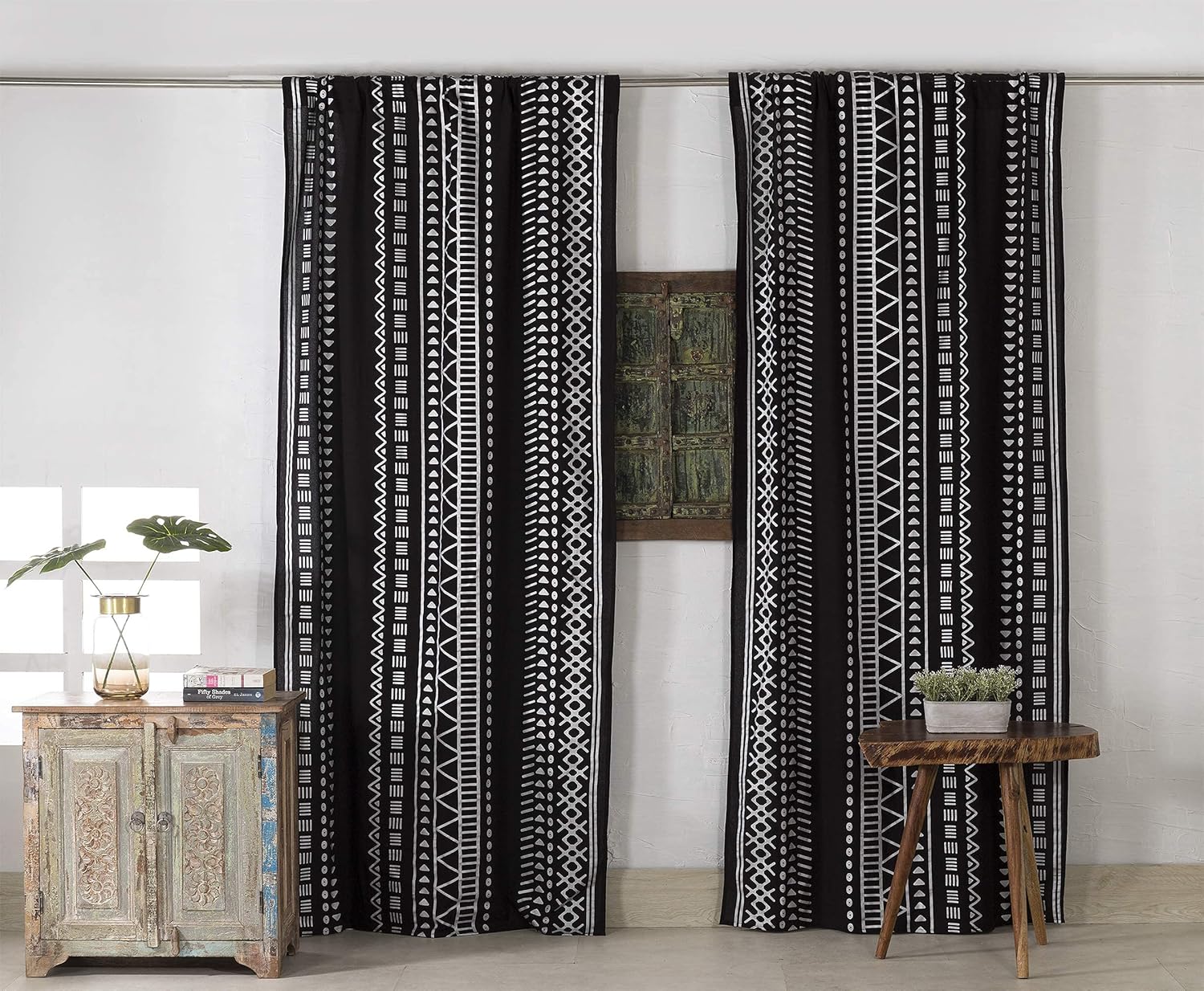 Popular Handicrafts Indian Hippie Bohemian Beautiful Silver Geometric Printed Window Door Drapery Curtain Bedroom Living Room Balcony Valance Panels Sheer Curtain Black