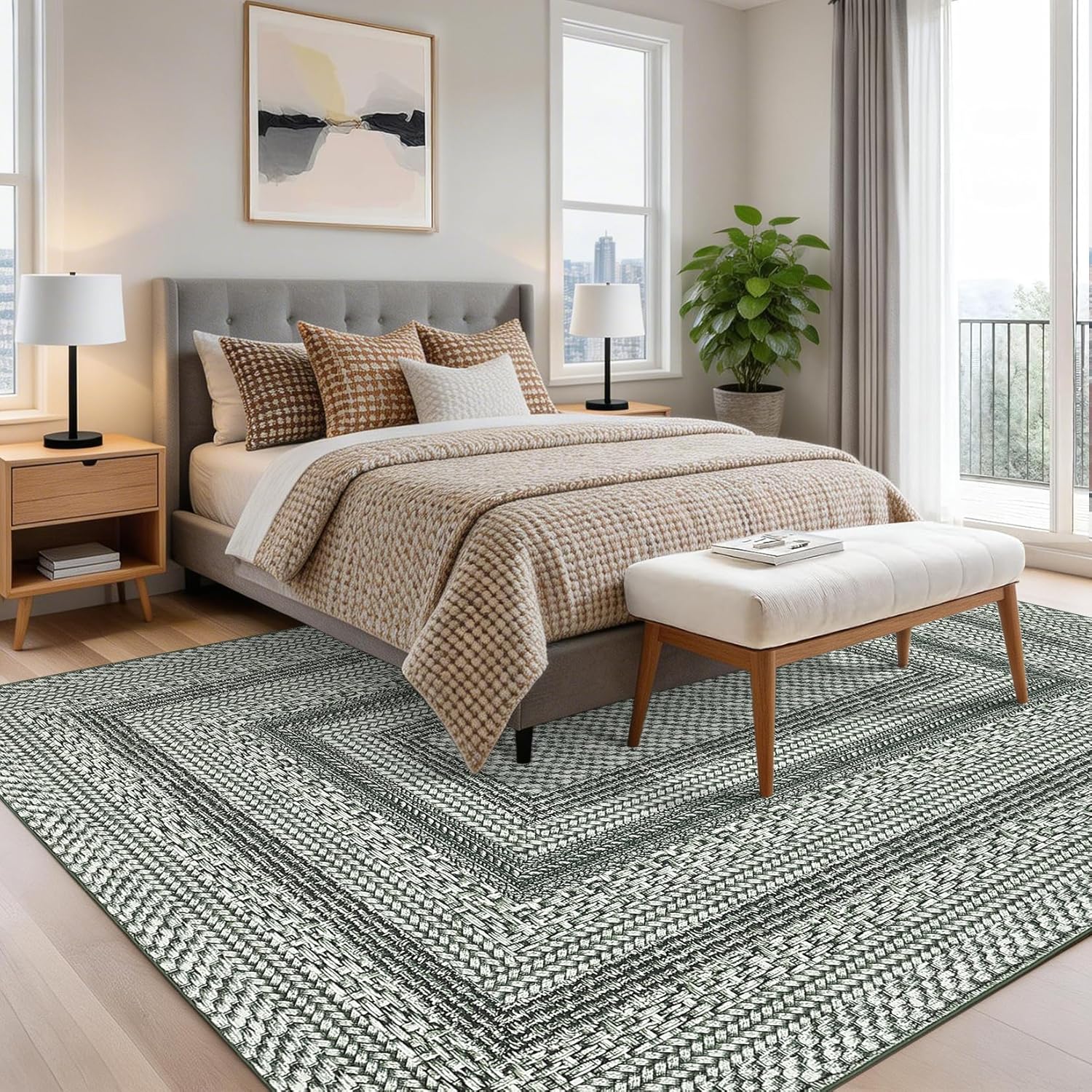 Garvee Washable Area Rugs 9x12 Geometric Living Room Rug Soft Non Slip Bordered Rugs for Bedroom Nursery Large Indoor Modern Stain Resistant Under Table Carpet for Dining Room Office, Green