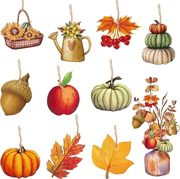 Haooryx 31Pcs Fall Autumn Wood Hanging Ornaments Autumn Wooden Pumpkin Maple Leaves Decorative Pendents for Thanksgiving Day Fall Harvest Party Favor Gift Tag Holiday Home Tree Decorations Supplies